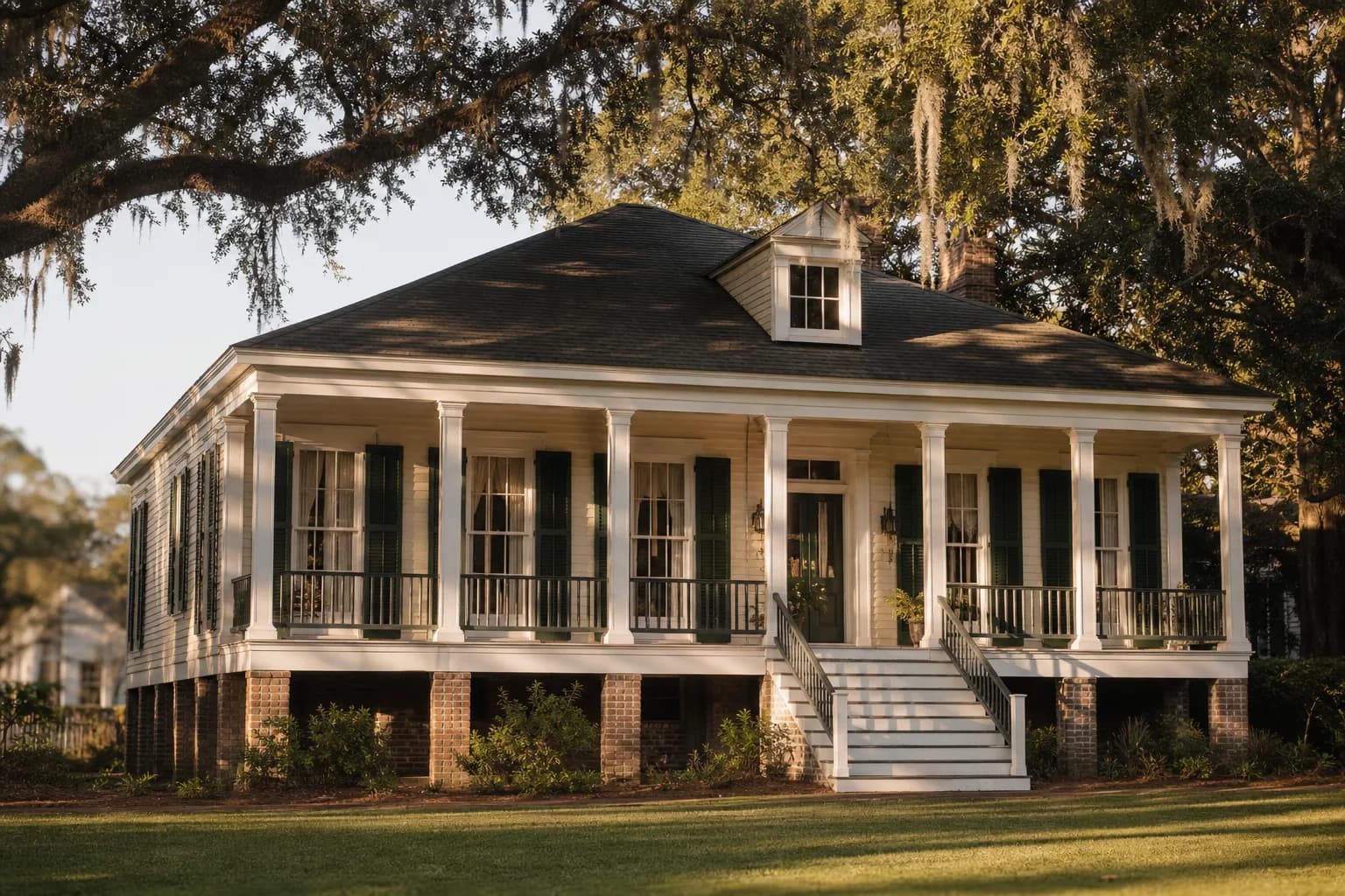 Restored raised Creole cottage on brick piers with a full-width gallery in Mobile's Oakleigh Garden Historic District