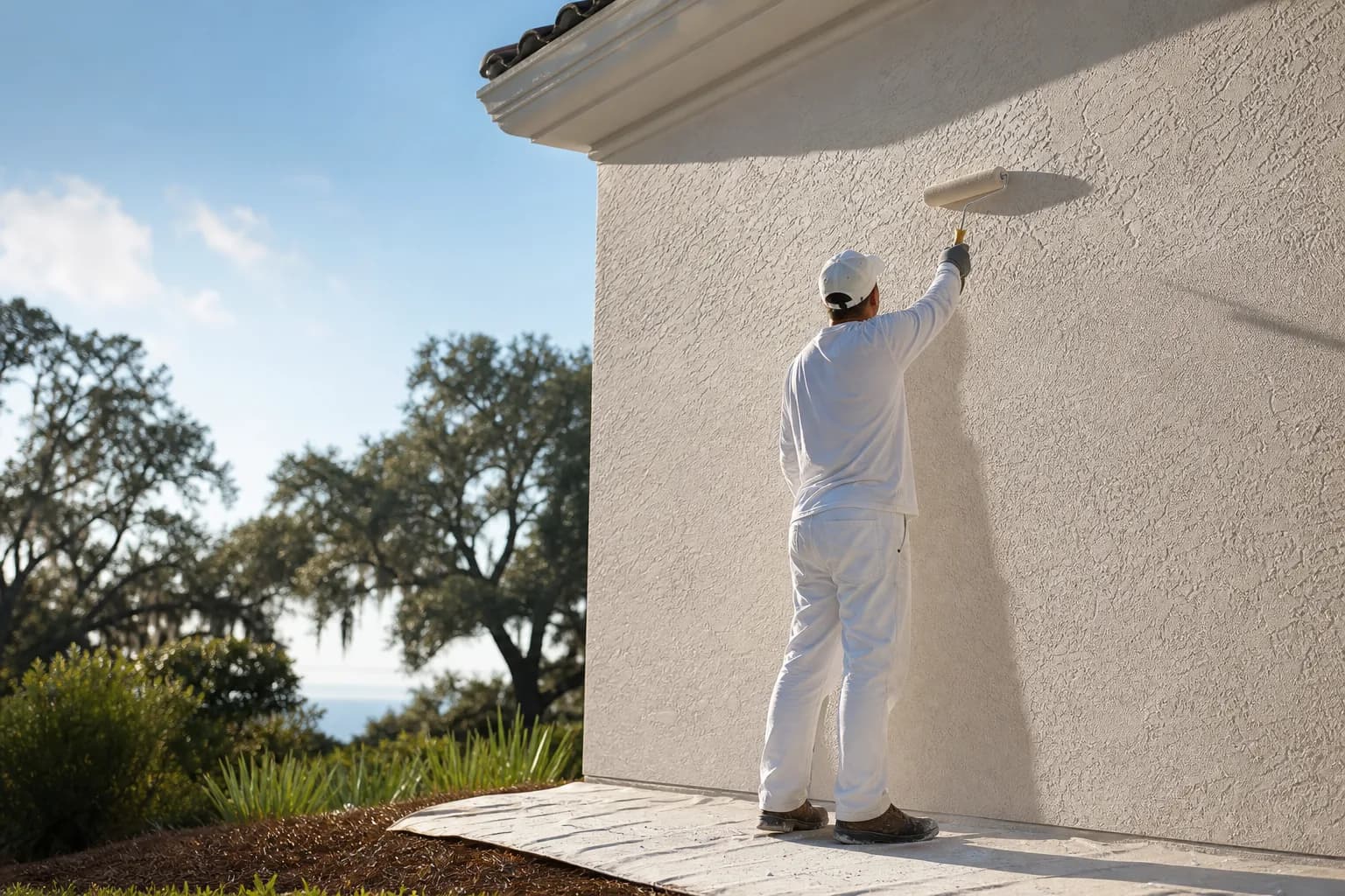 Painter applying breathable paint to a textured stucco wall on a humid Gulf Coast home