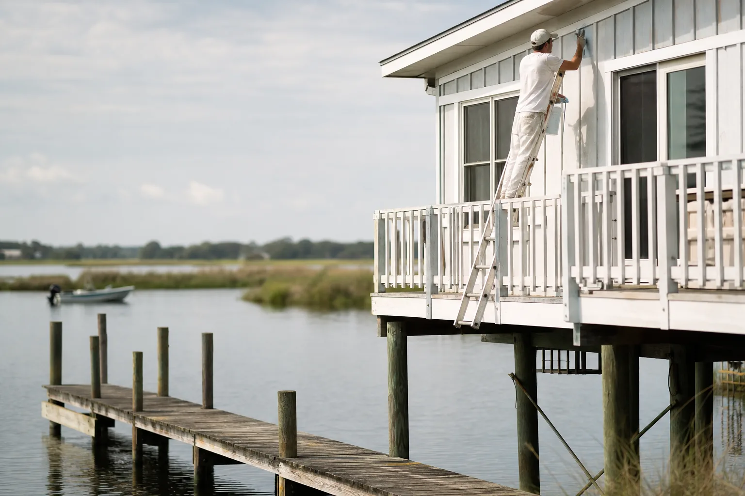 Exterior painter coating the water-facing wall and railings of a raised waterfront home over a south Mobile County bayou, with docks and pilings in view