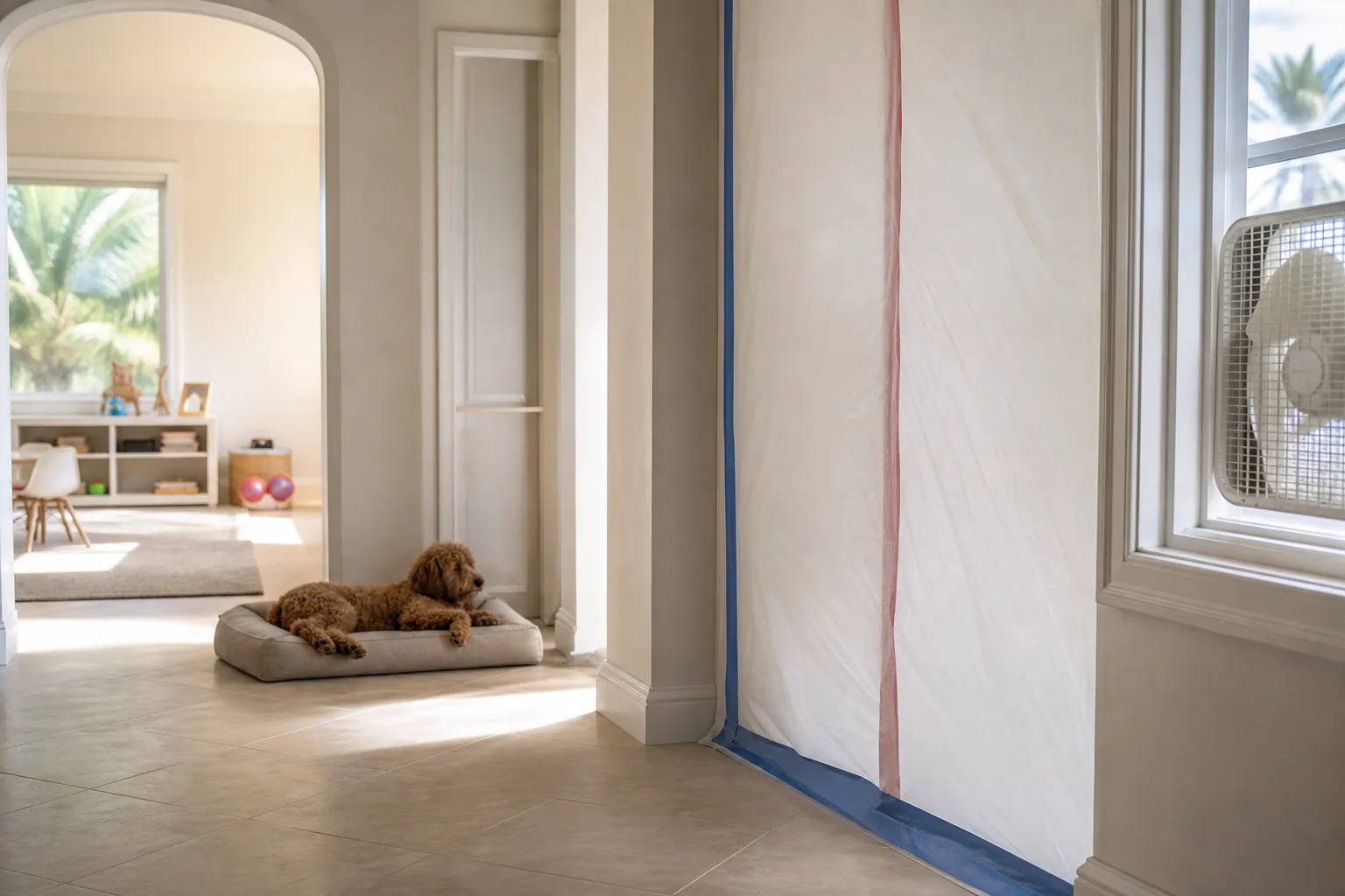 A wet painted room sealed off and ventilated while a dog rests safely in a clean adjoining room during an interior repaint