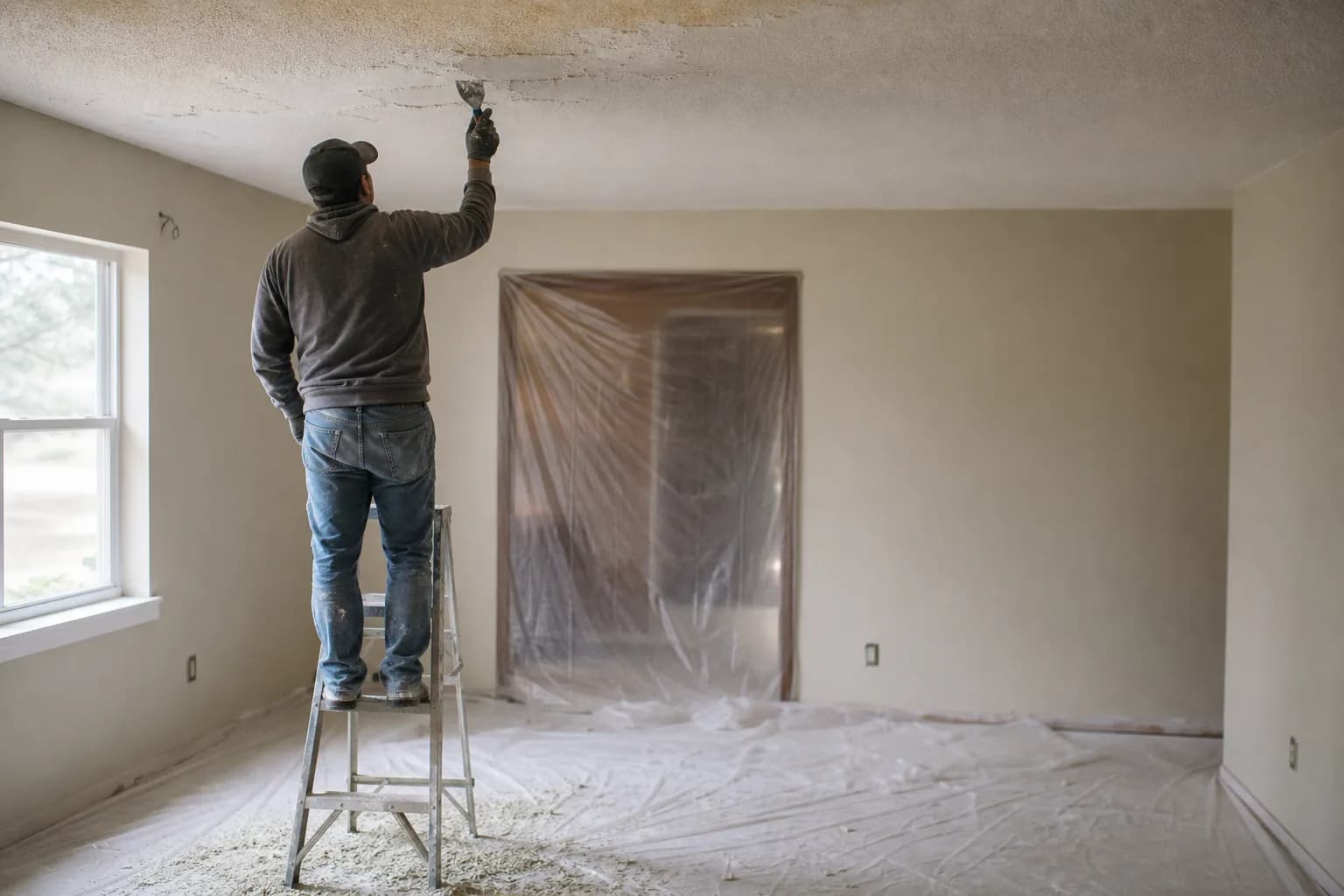 Worker scraping a popcorn ceiling in an older Mobile home with the room sealed and floors protected