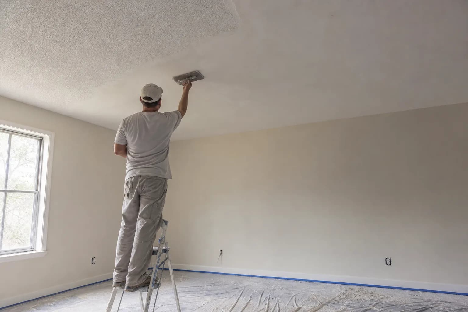 Drywall finisher skim-coating over a popcorn ceiling, half textured and half smooth, in an empty room