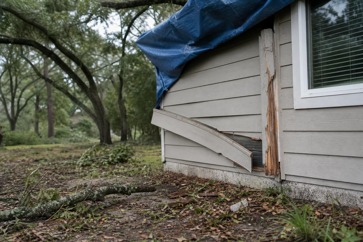 Storm-damaged siding and trim on a Gulf Coast home with a tarp before a post-storm exterior repaint