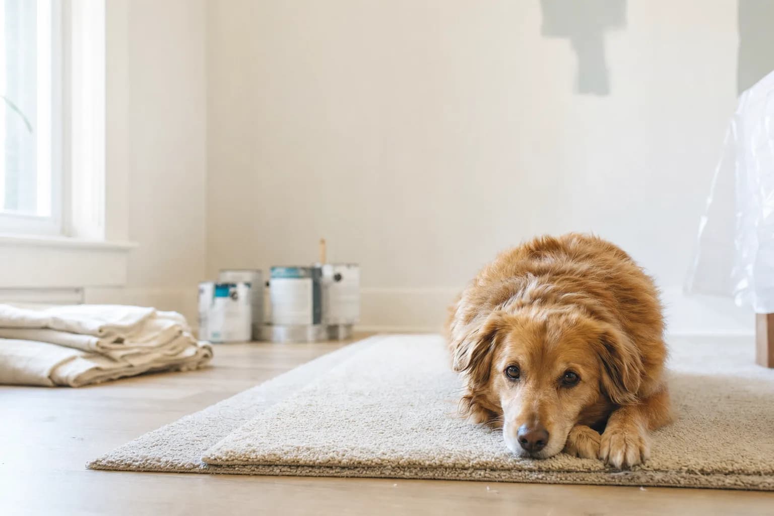 Calm dog resting on a rug in a sunlit room, paint cans closed and aside