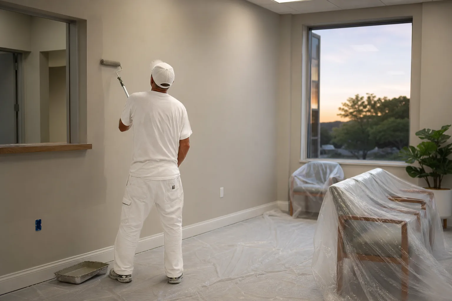 Painter repainting a professional office suite waiting room after hours in Spanish Fort, AL
