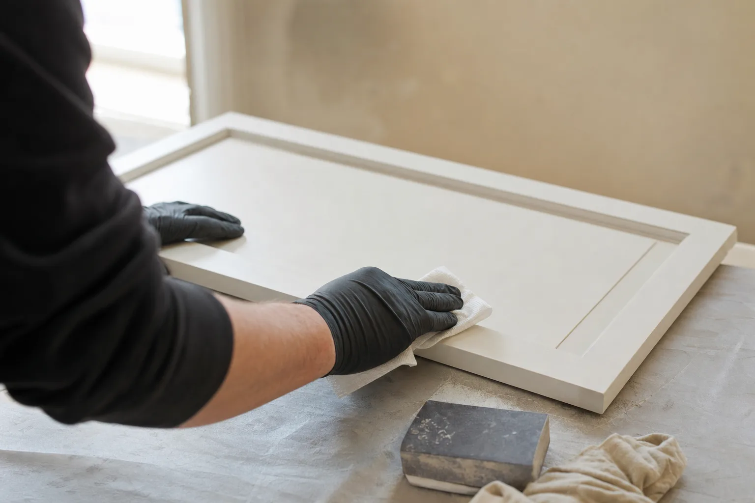 Hands degreasing a cabinet door during prep, sanding block nearby
