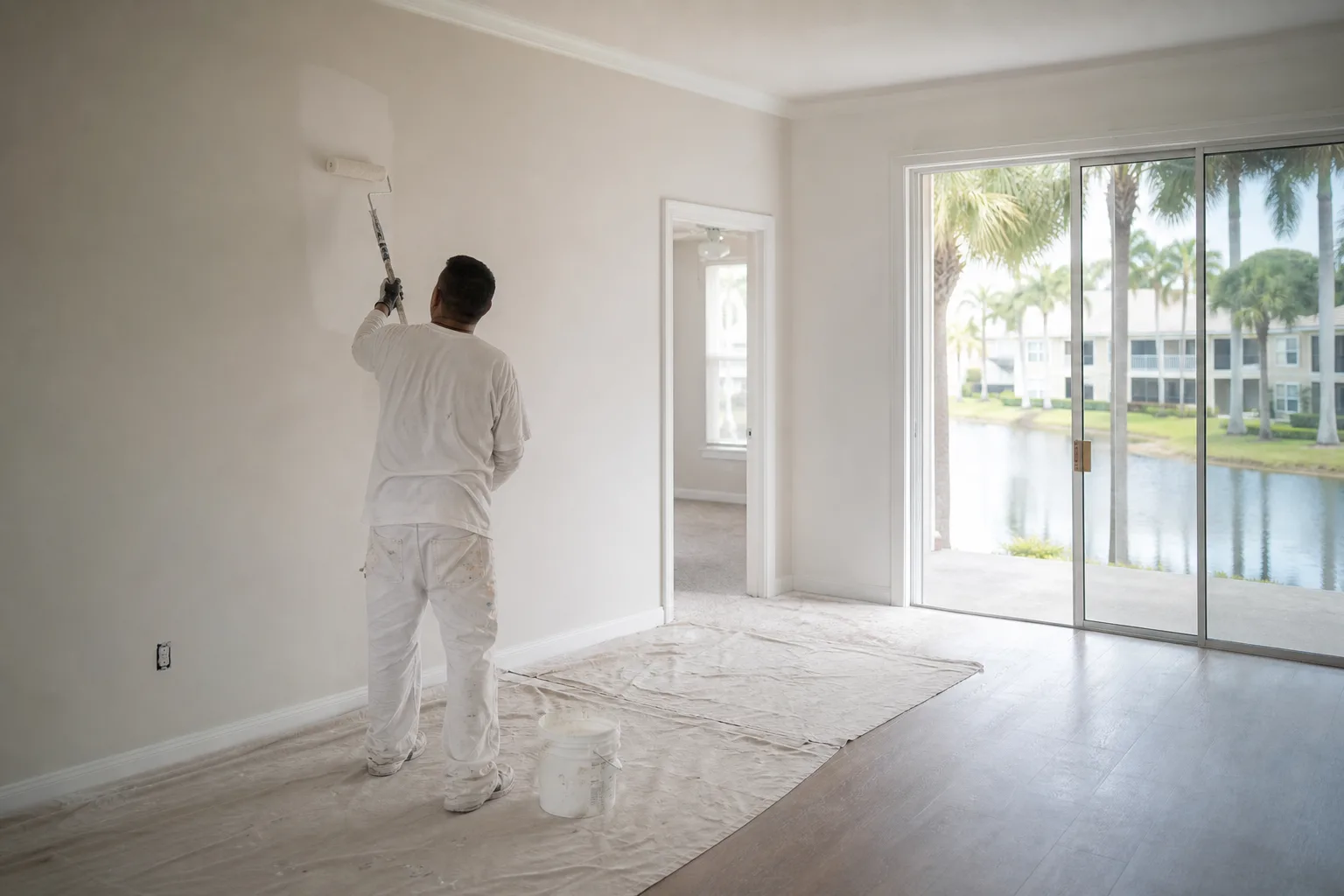 Painter rolling fresh neutral paint on an empty apartment unit wall during a rental turnover in Mobile, Alabama