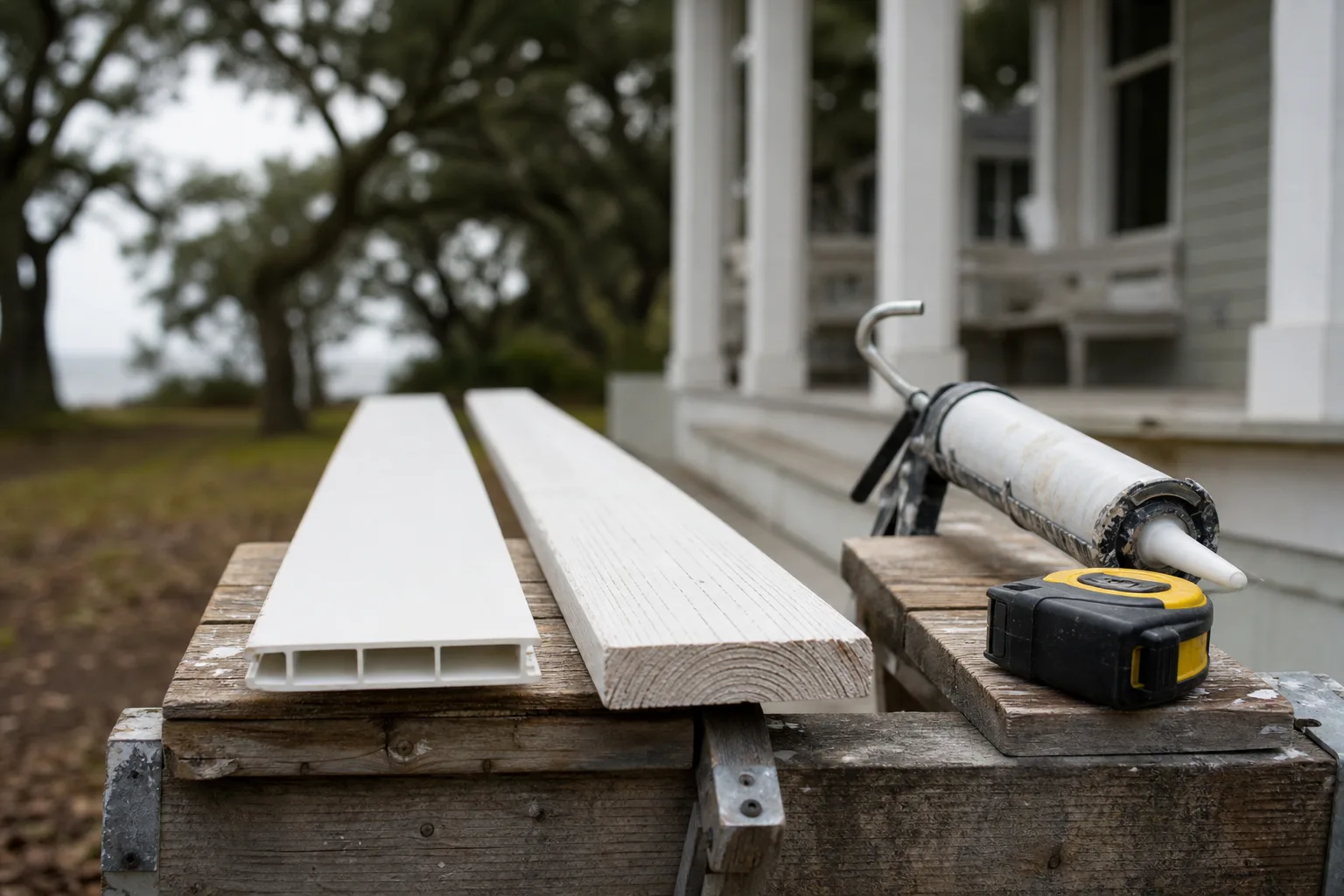 PVC trim and wood trim boards side by side before painting on a Gulf Coast home
