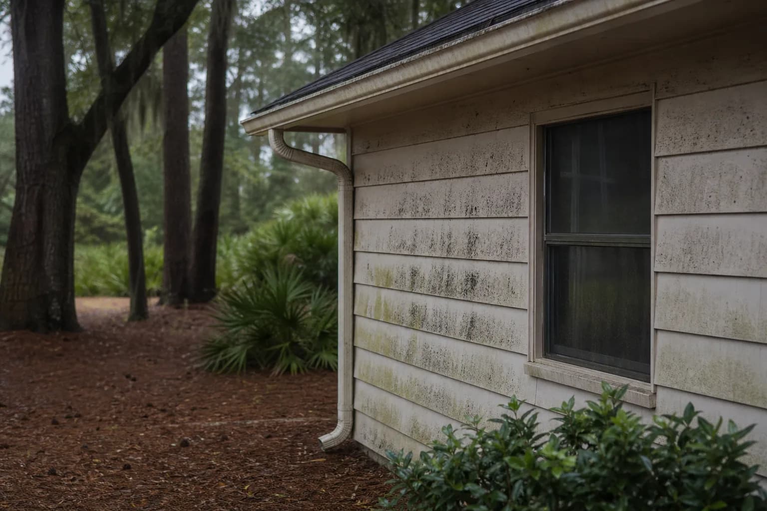 Shaded exterior house wall showing black mildew and green algae growth on the siding before painting prep