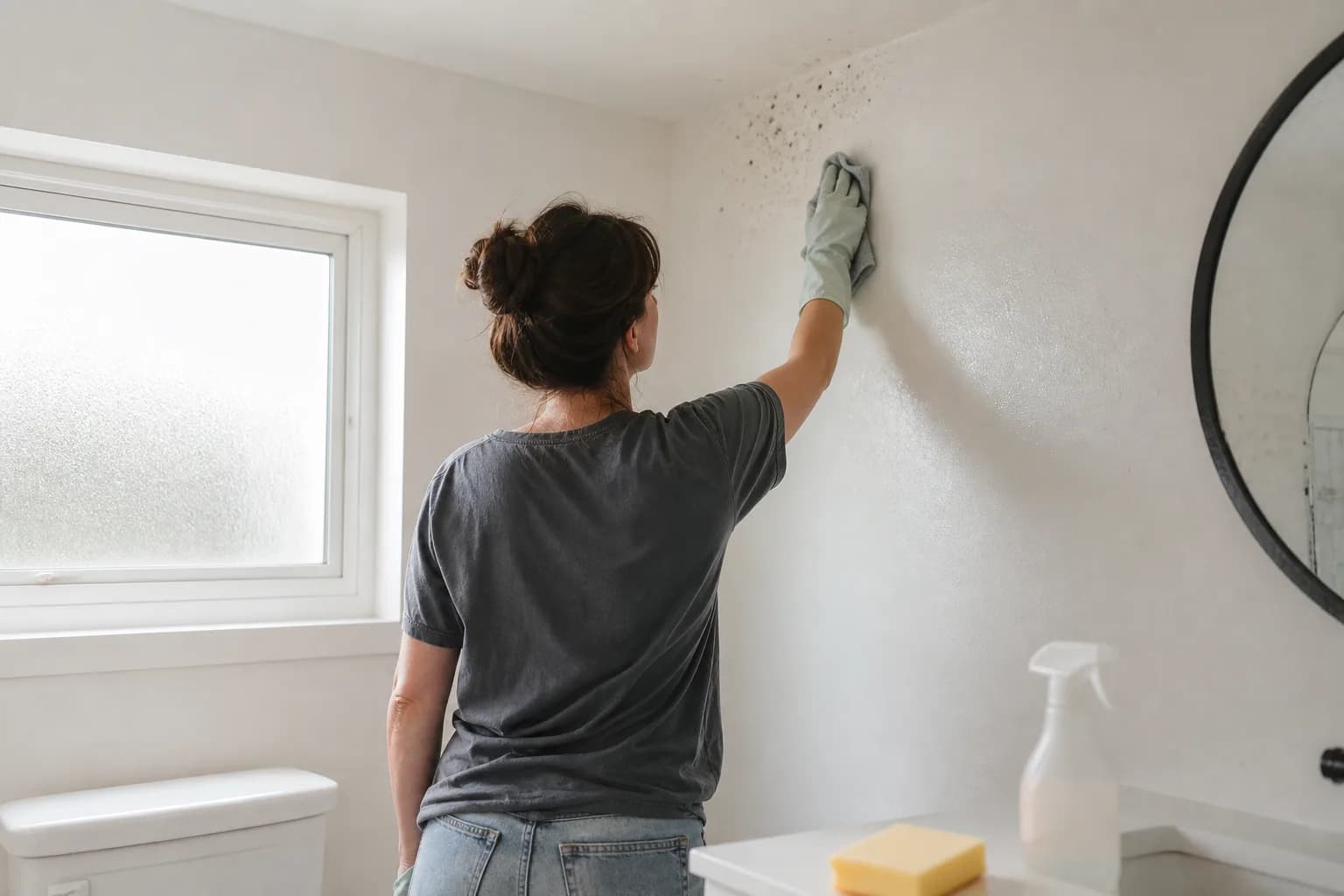 Gloved hand wiping black mildew off a humid bathroom wall before painting in a Gulf Coast home