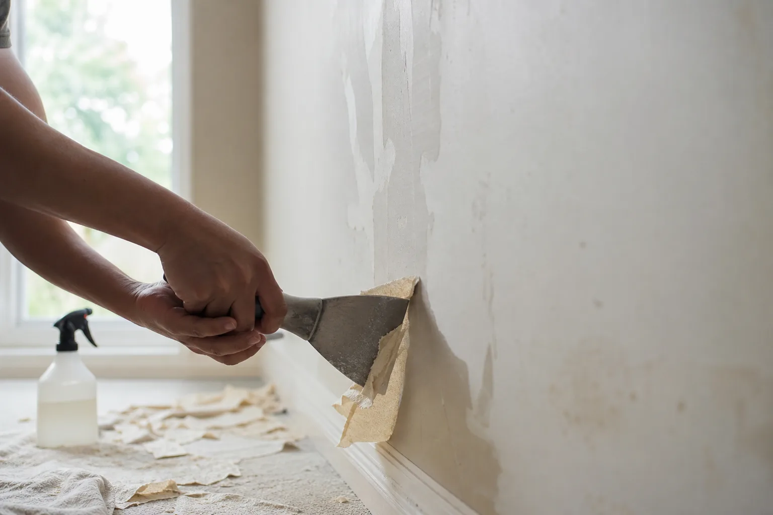 Scraping softened wallpaper off an interior wall to prepare it for repair and fresh paint