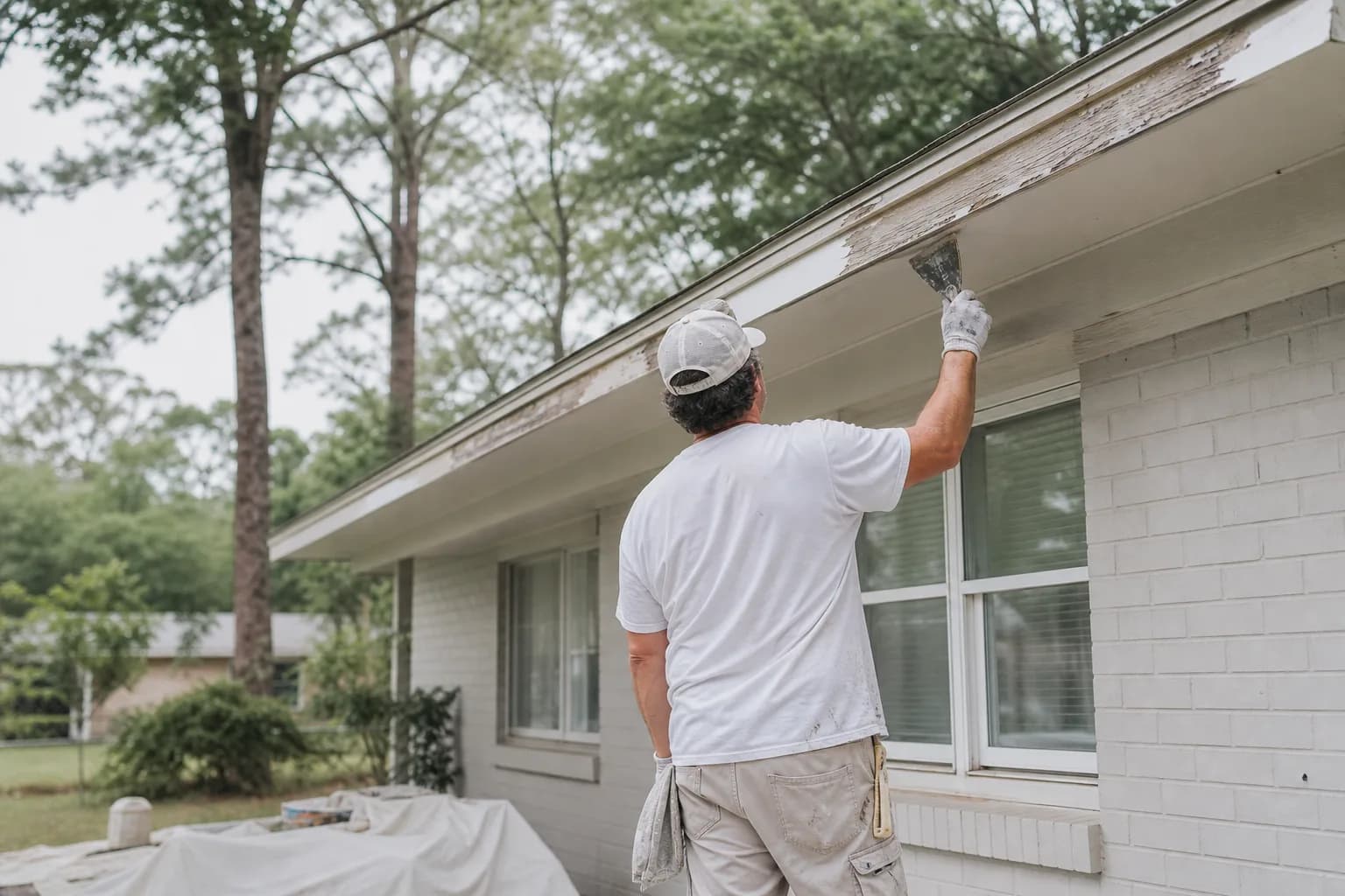 Painters prepping and repainting the weathered wood trim of an older mid-century home in northern Mobile County, Alabama, under tall pines