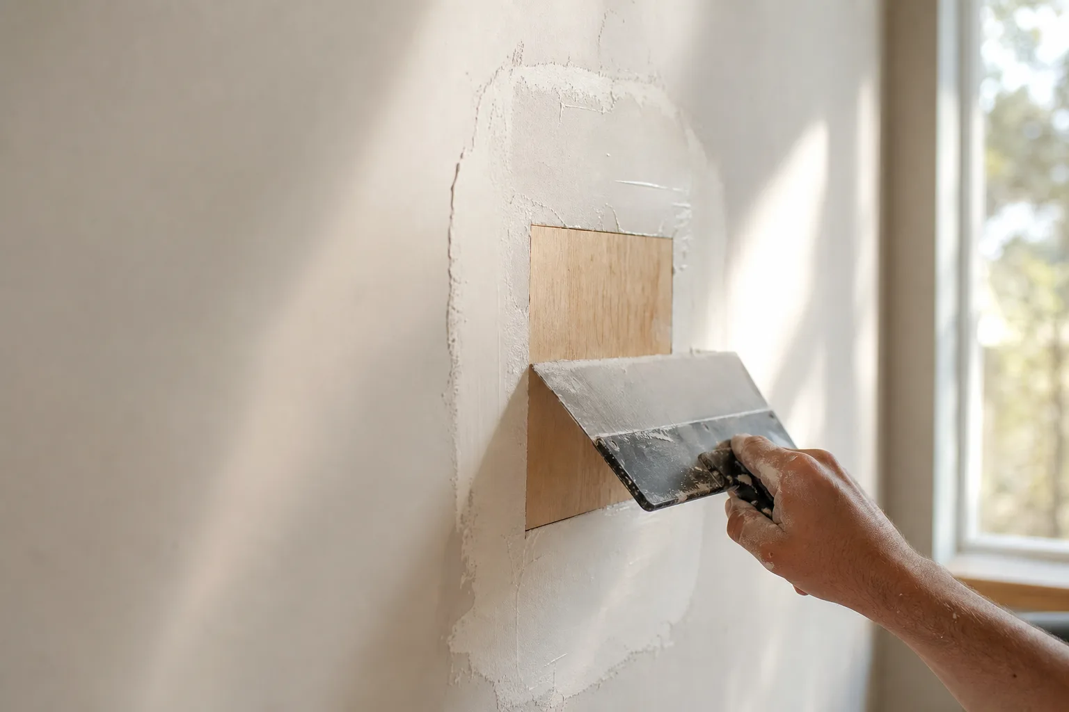 Large drywall hole repair in progress with backing and joint compound feathered wide on an interior wall