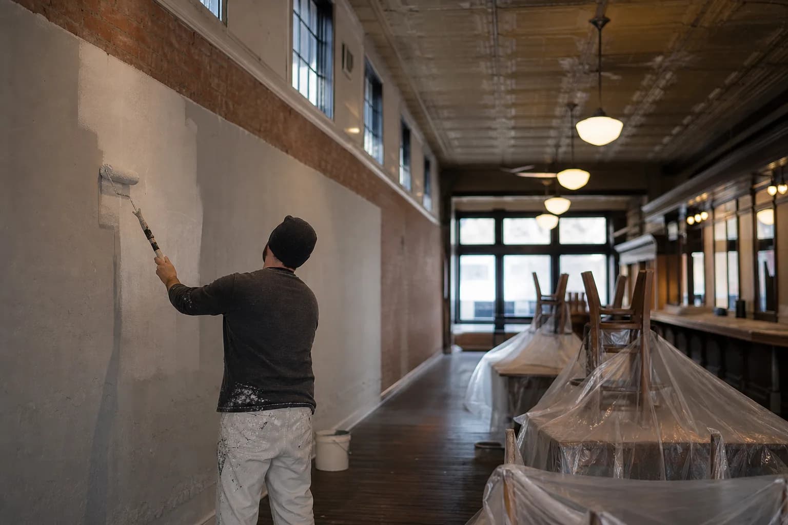 Restaurant painting on Dauphin Street in downtown Mobile after hours, rolling fresh paint on a historic dining-room wall