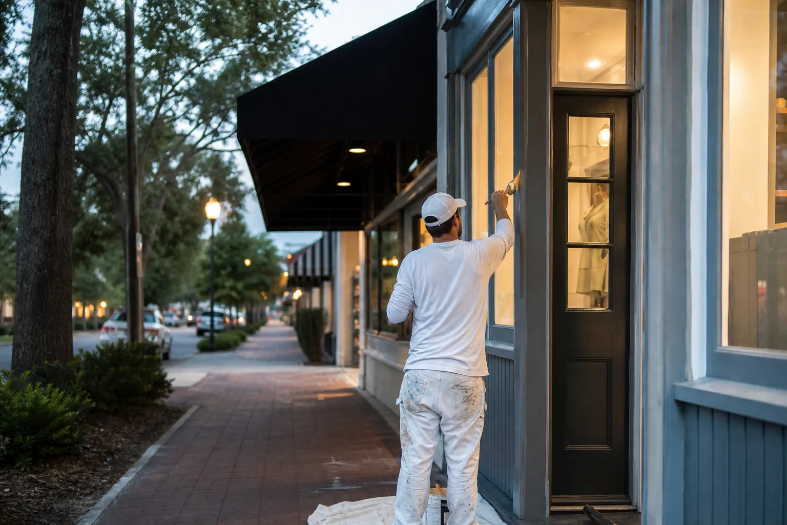 Storefront painting on the Eastern Shore: a painter refreshing a boutique shop facade in downtown Fairhope after hours