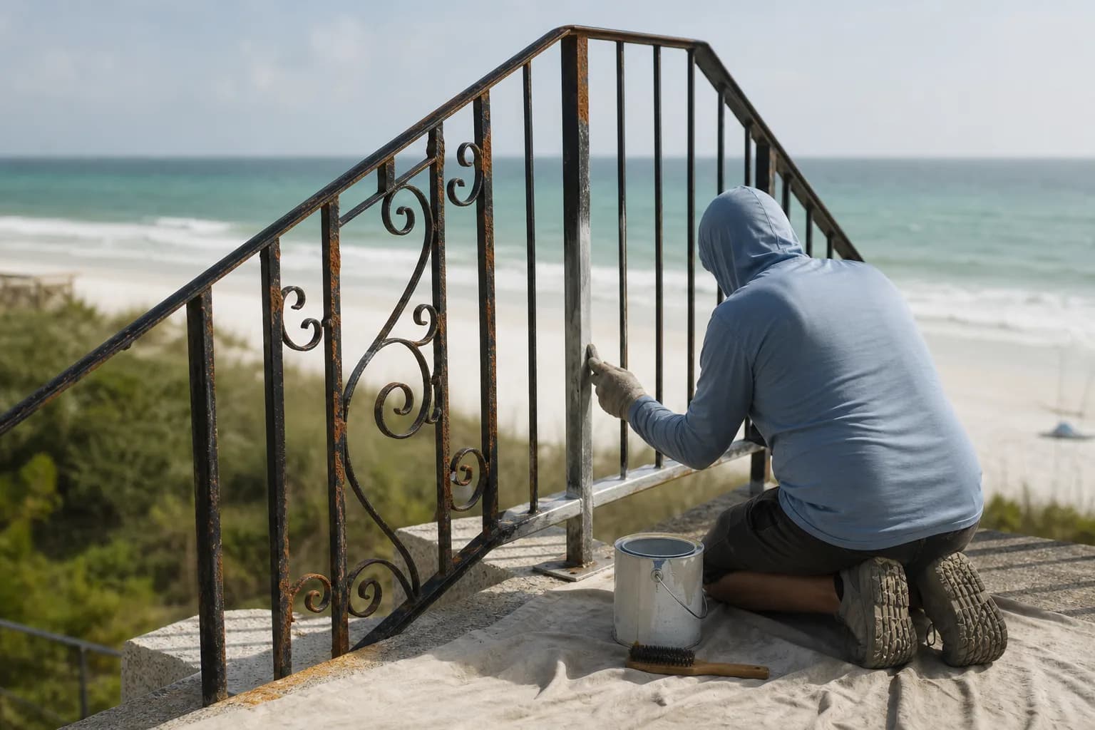 Sanding rust to bright metal on a wrought-iron beach-house railing in Gulf Shores before repainting