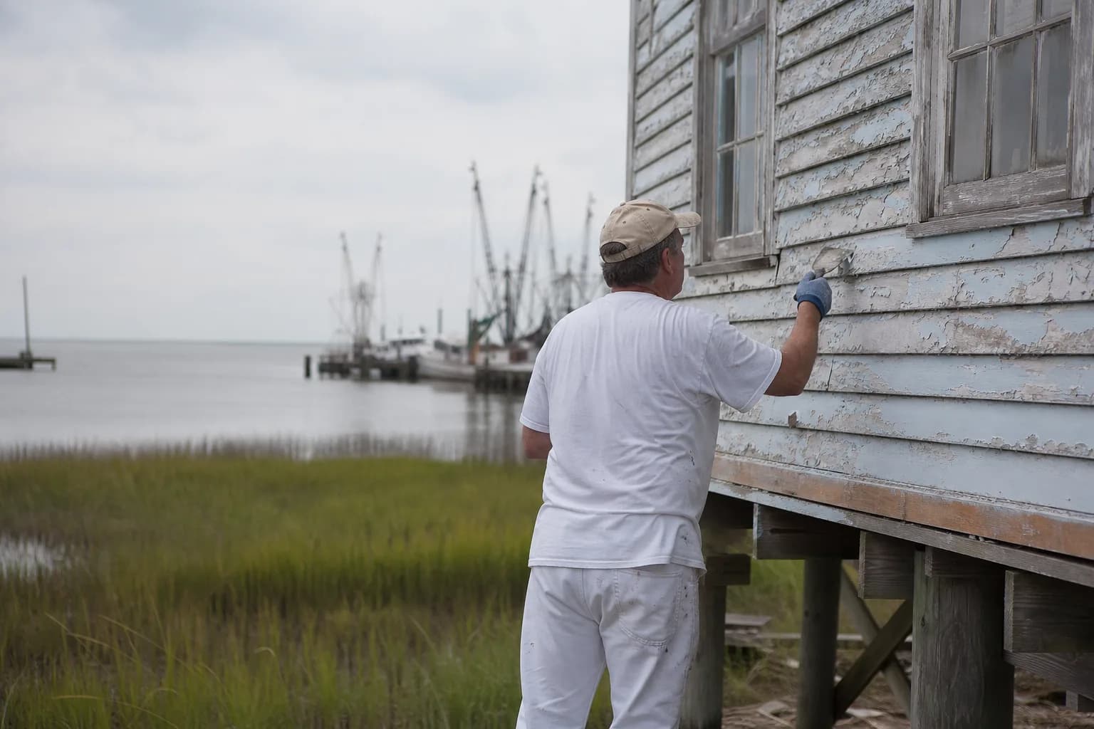 Painter prepping the salt-weathered exterior of a raised coastal home in Bayou La Batre, AL