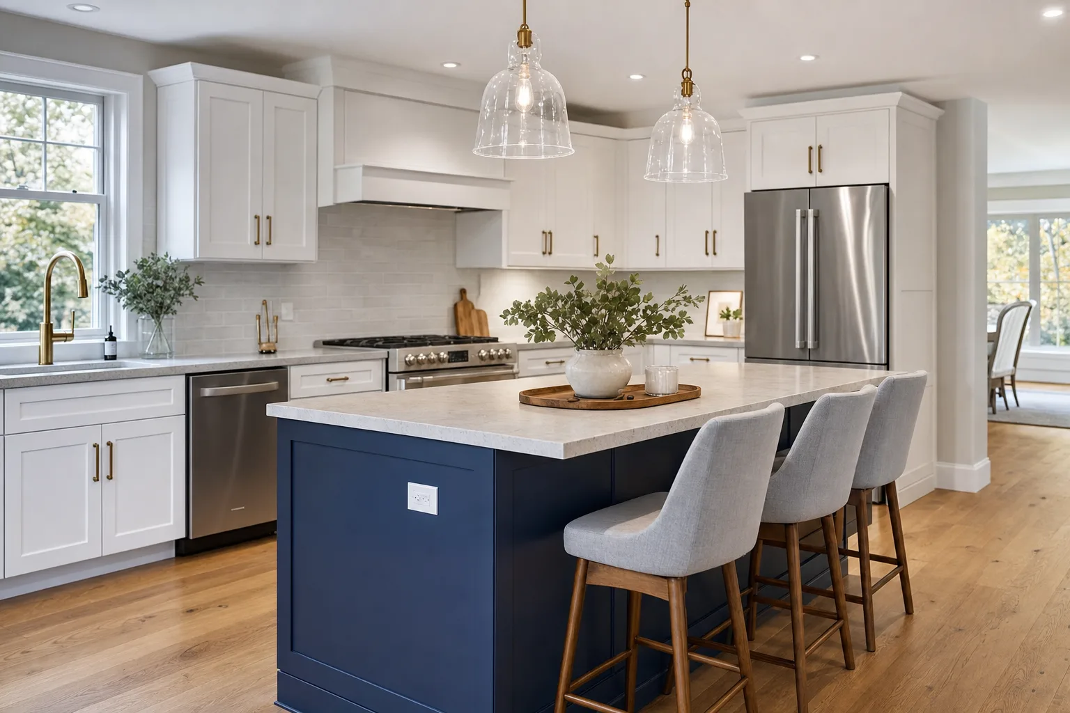 Real-estate-ready kitchen with a navy island and white perimeter cabinets