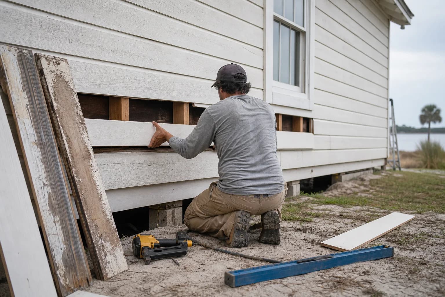 Carpenter fitting a new lap siding board into existing siding before priming and painting on a Gulf Coast home