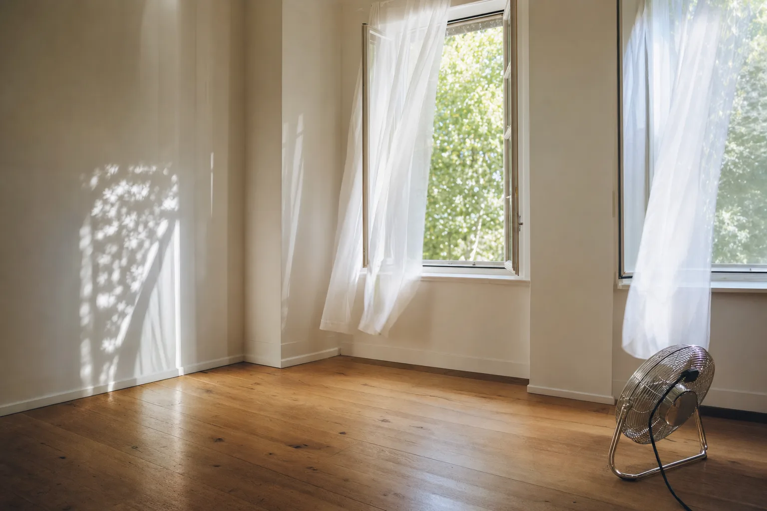 Freshly painted room airing out with open windows and sheer curtains