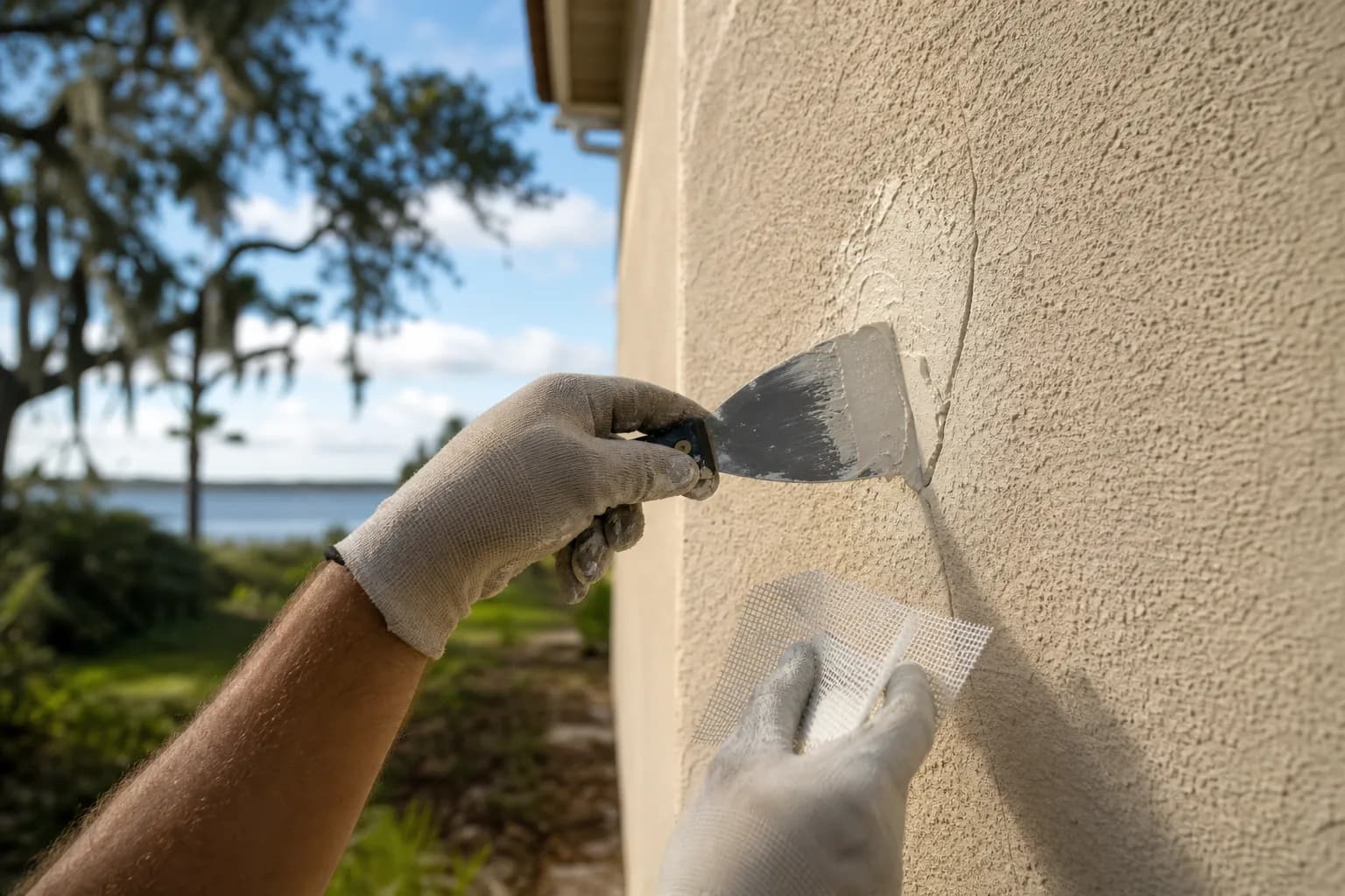 Painter filling a hairline crack in a textured stucco wall before painting on a Gulf Coast home