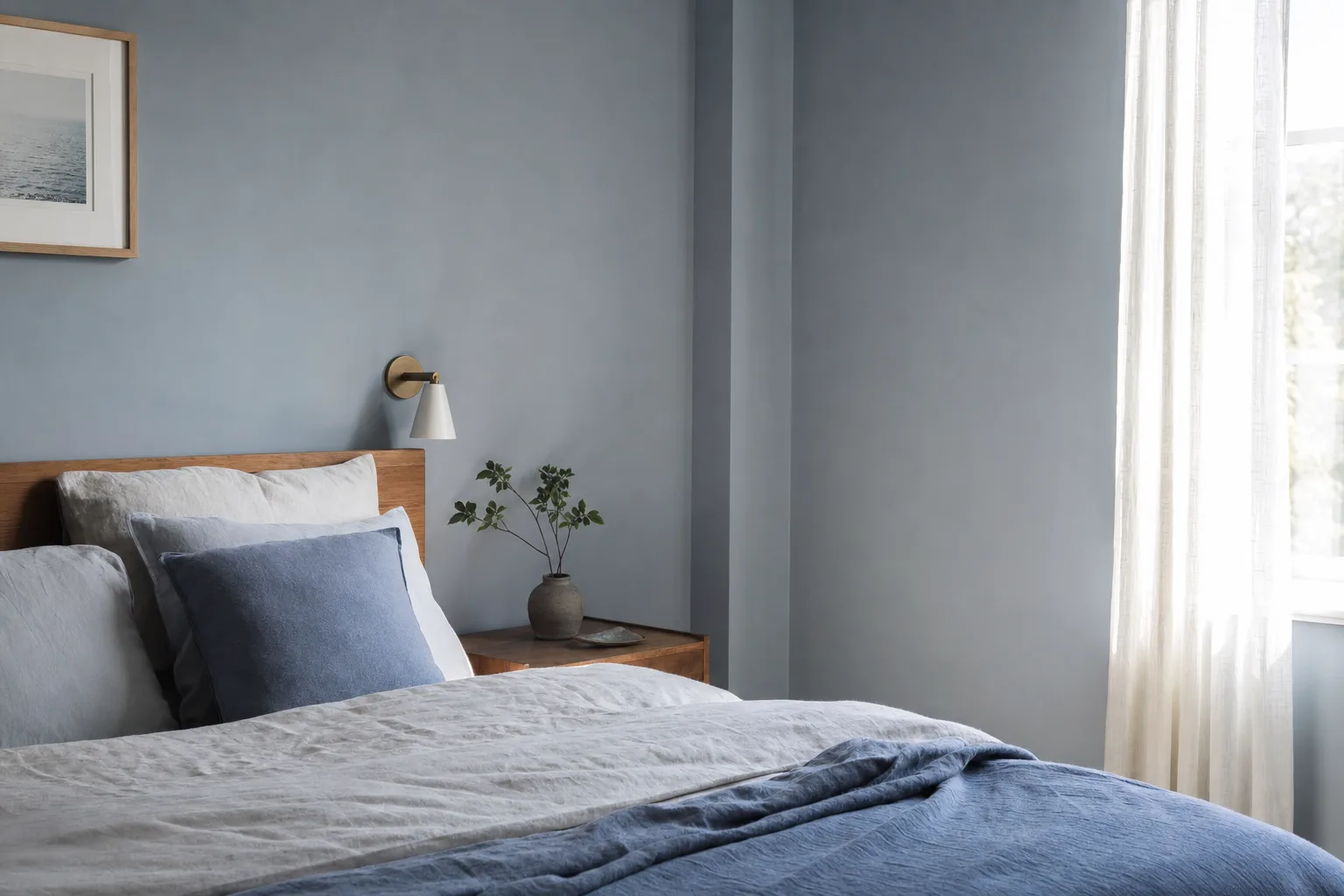 Tranquil bedroom painted in a soft muted blue with a neatly made bed