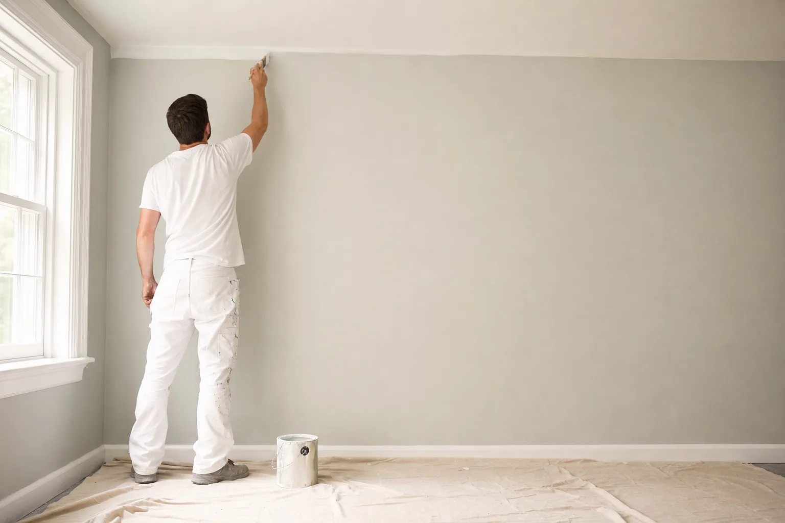 Painter cutting in a wall edge with a brush in an empty room