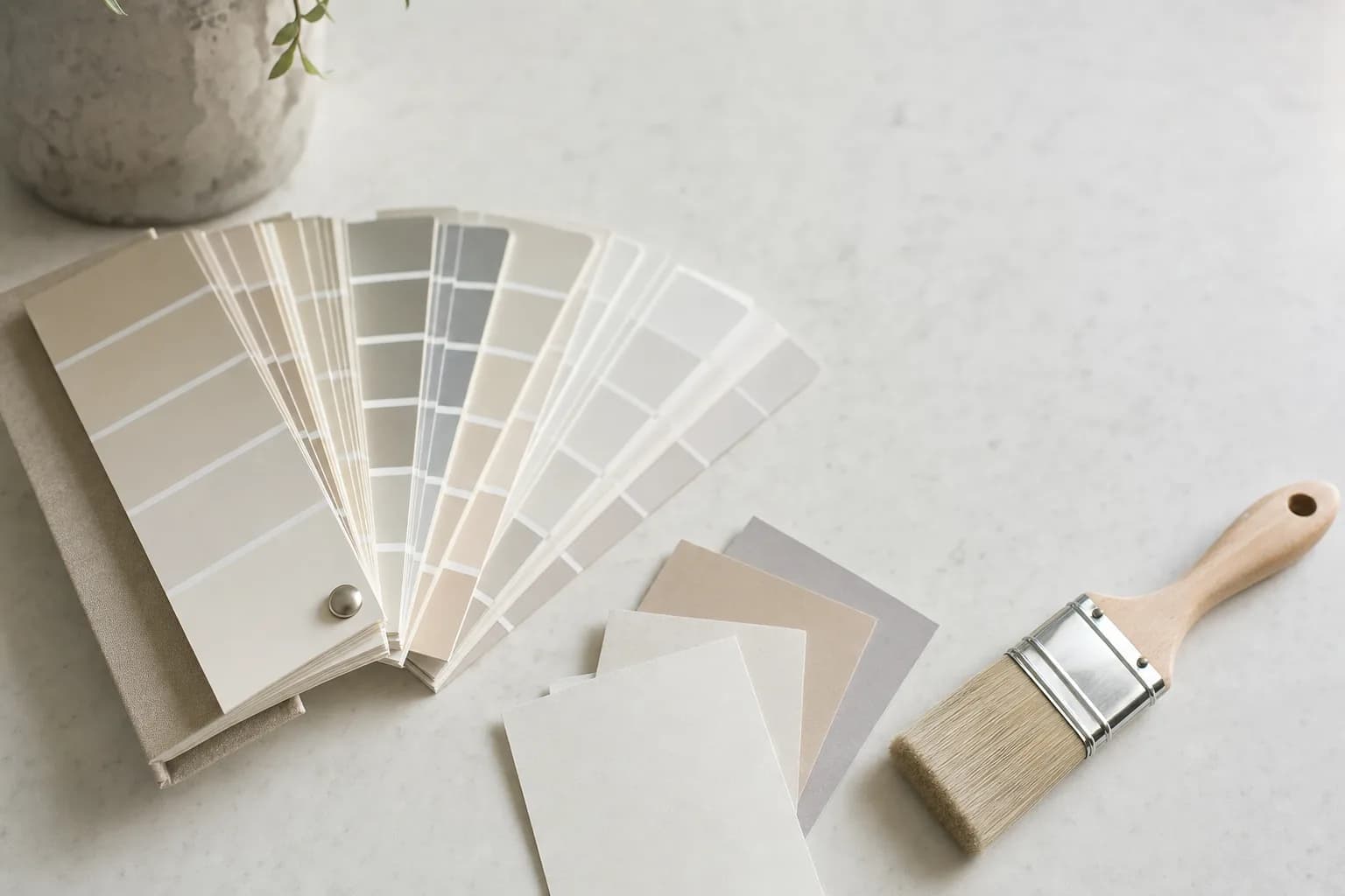 Fan deck of neutral paint swatches and color chips on a counter