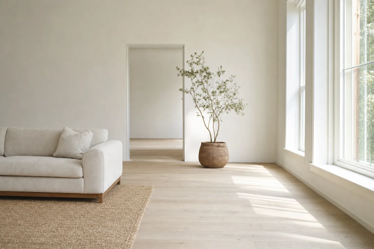 Bright airy room painted light off-white with lots of natural light