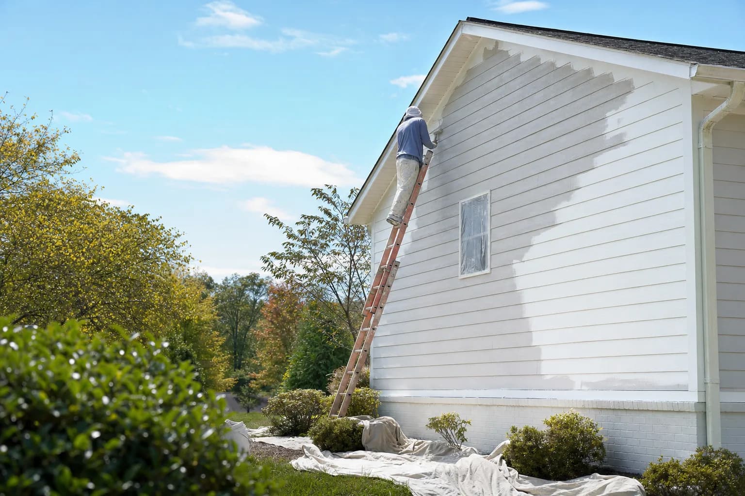 Home exterior being painted on a clear, mild day with a ladder