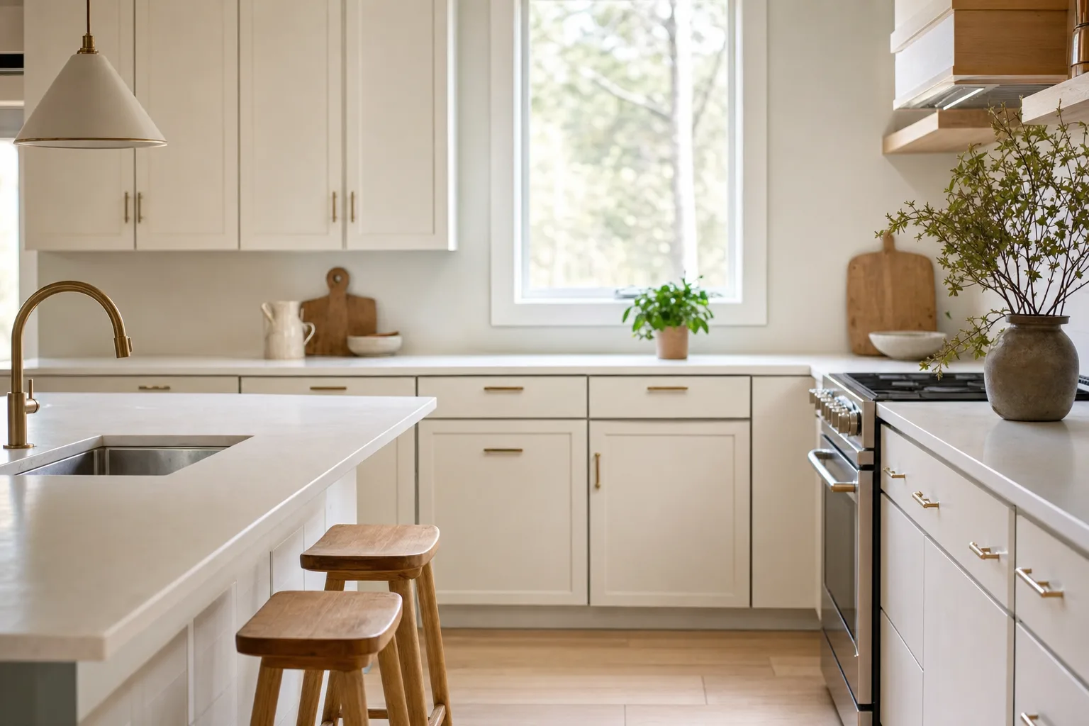 Refreshed kitchen with newly painted cabinets and updated hardware