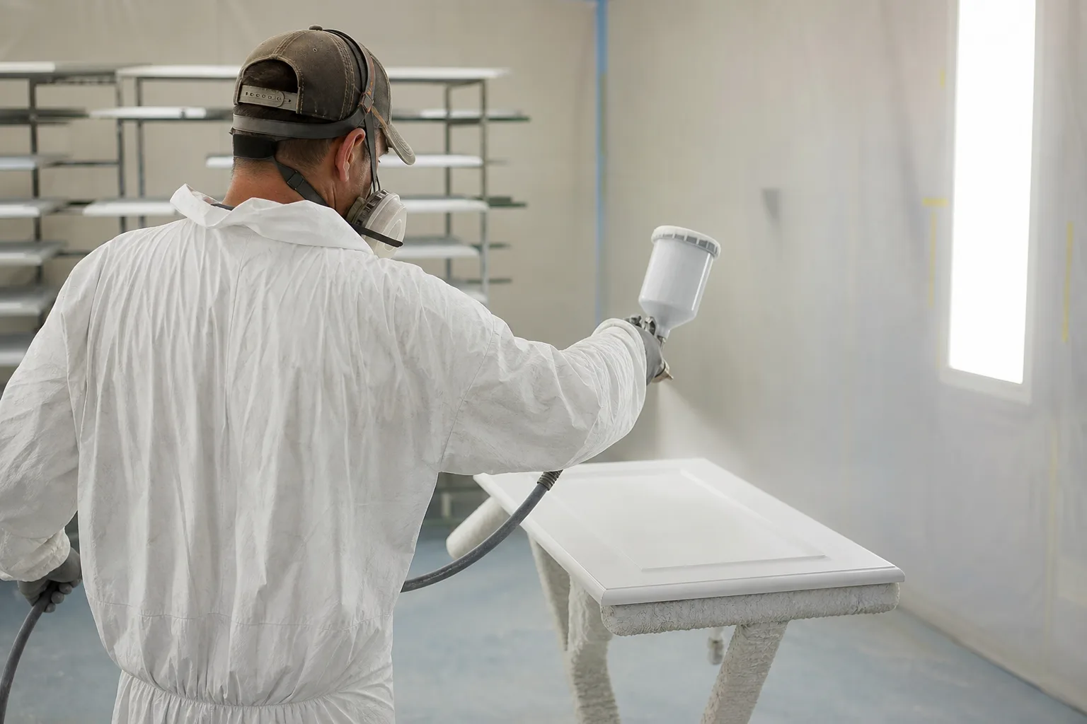 Painter spraying a cabinet door in a facility drying and preparation booth, illustrating the professional cabinet painting process step by step