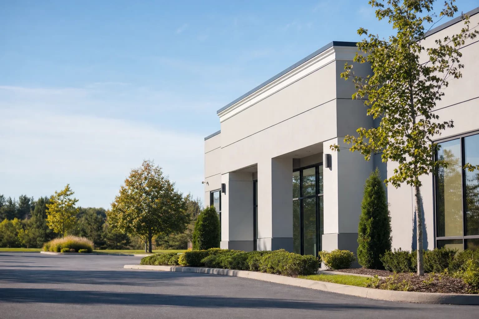 Well-maintained commercial building exterior with crisp paint