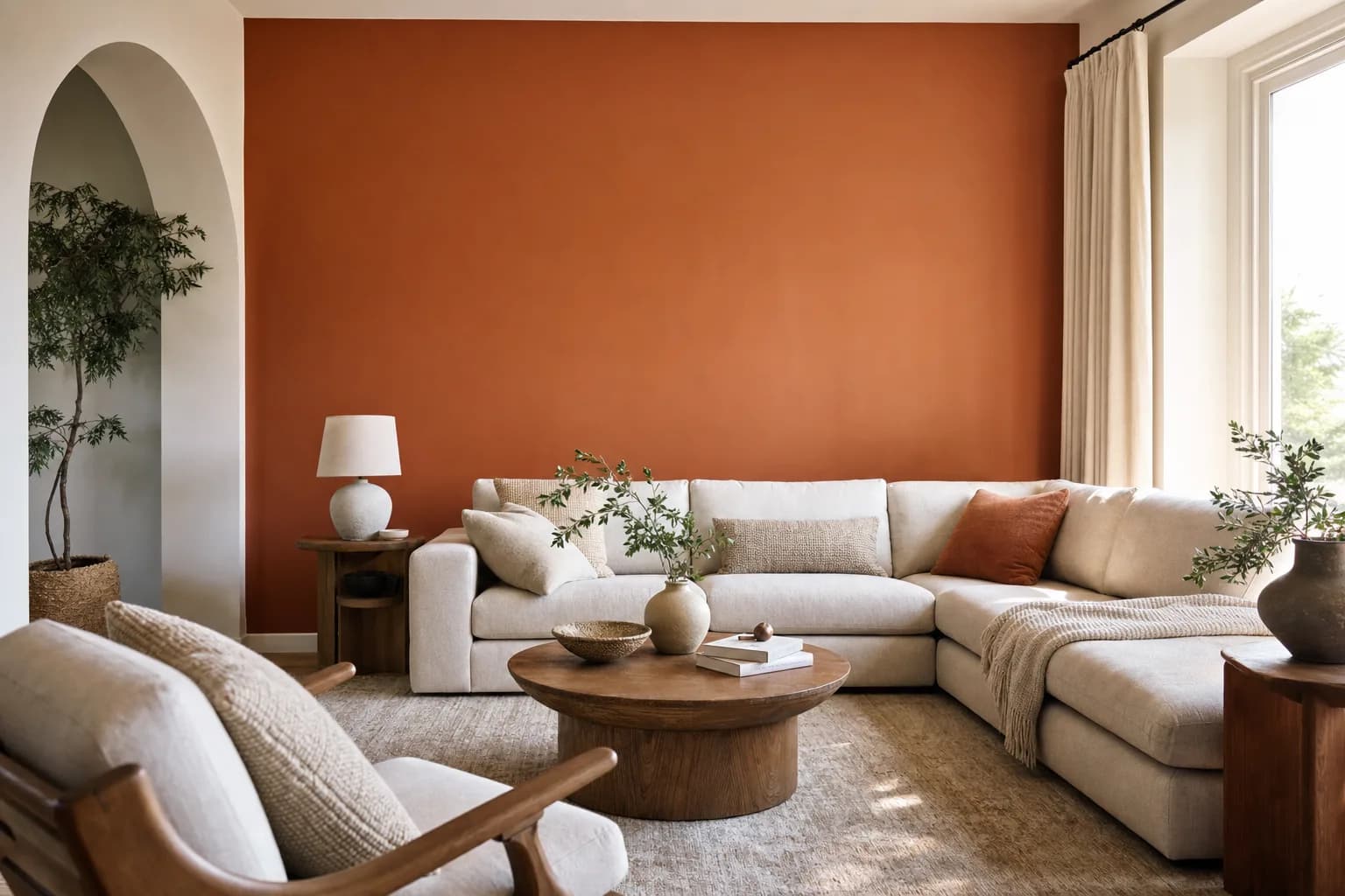 Stylish living room with an on-trend warm terracotta accent wall