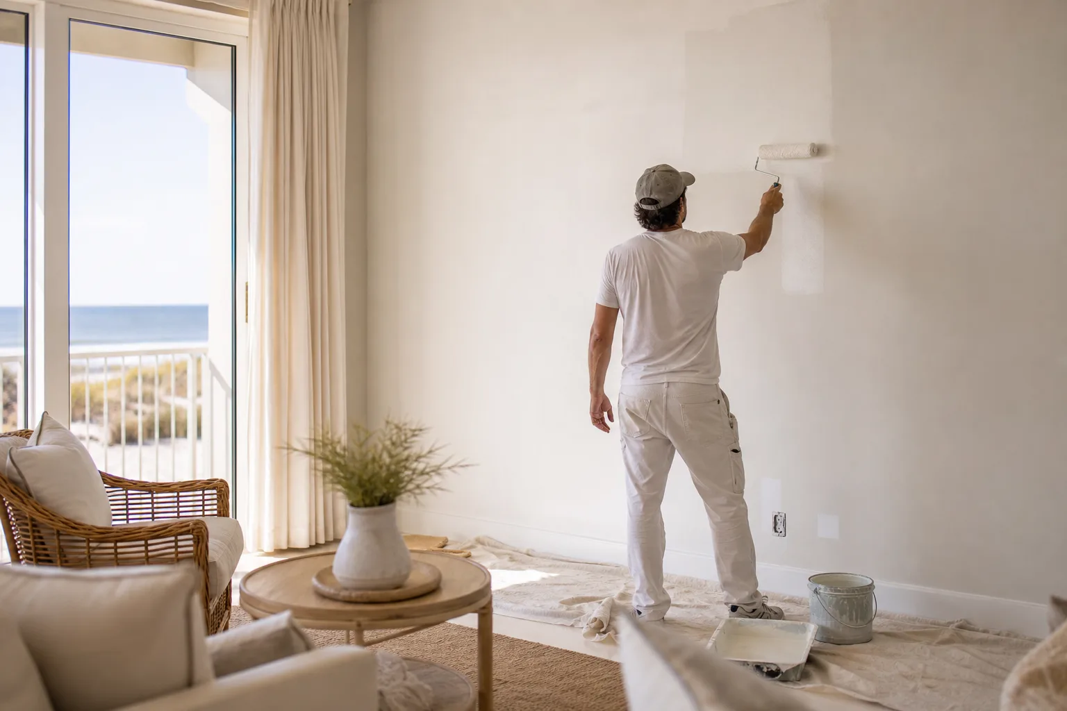 Painter repainting the living room of a Gulf Shores, AL vacation rental between guests