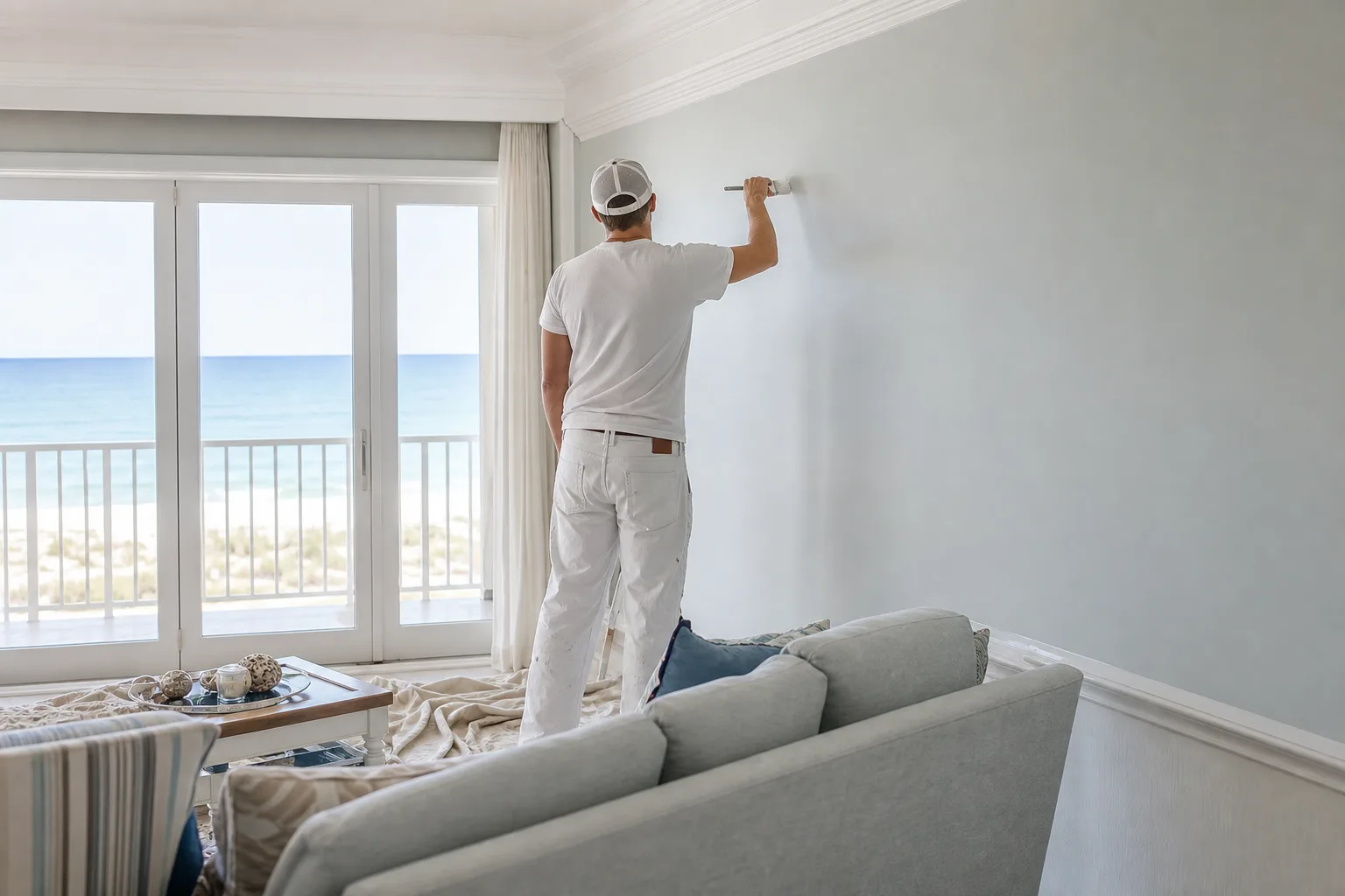 Vacation rental turnover painting in Orange Beach, AL with a Gulf-front balcony beyond