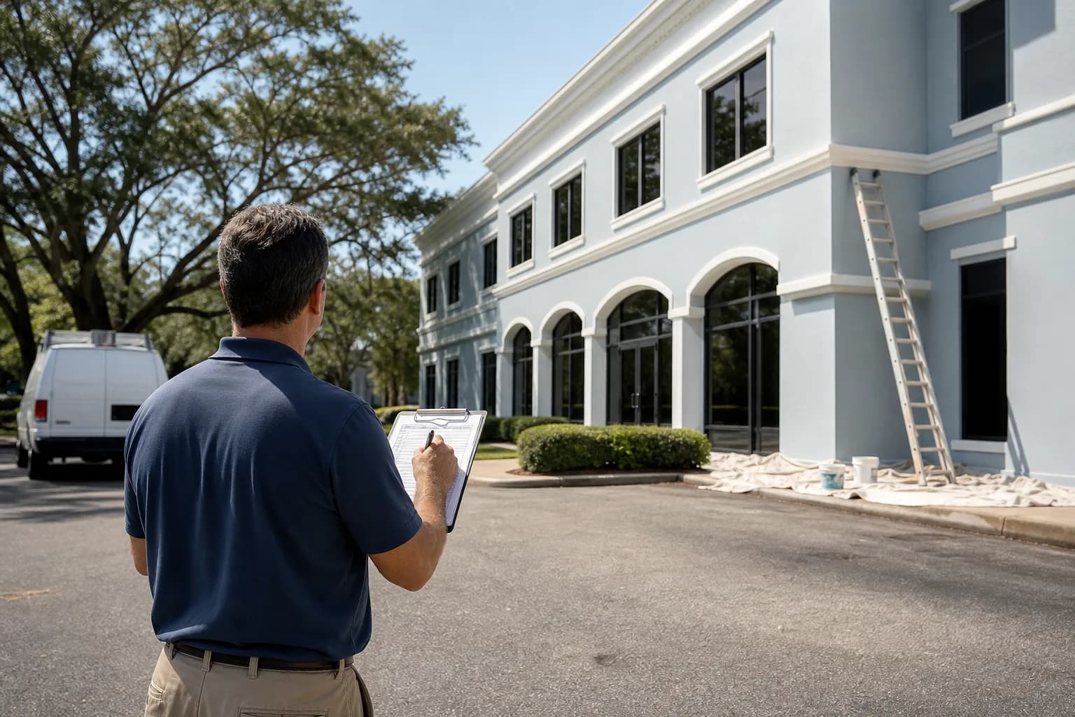 Facility manager running a pre-hire checklist on a commercial painting contractor outside a freshly painted storefront