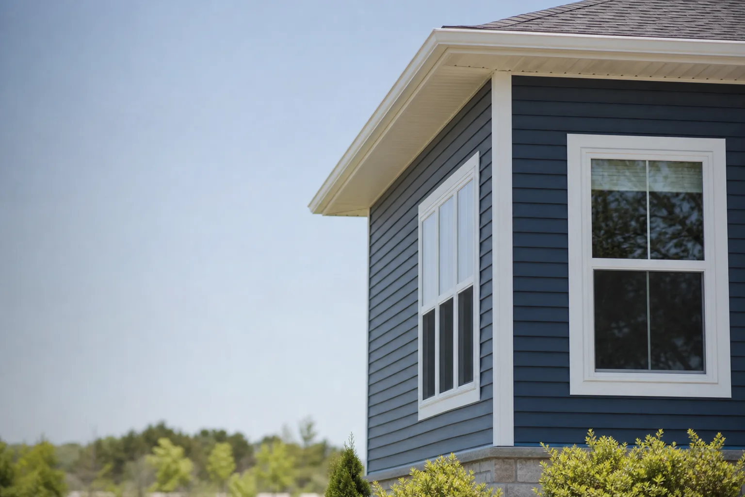 Vinyl siding painted a deeper slate-blue vinyl-safe color staying flat in full sun, showing how vinyl-safe paint colors prevent warping