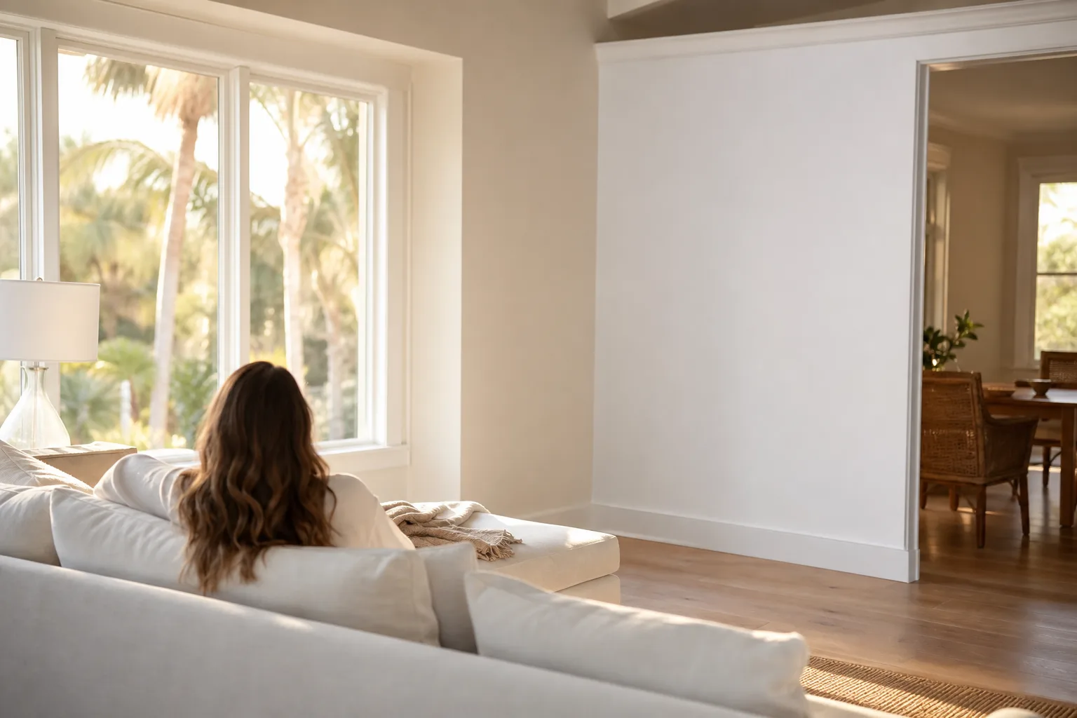 A living room comparing a soft warm white wall and a crisp cool white wall in natural Gulf Coast light