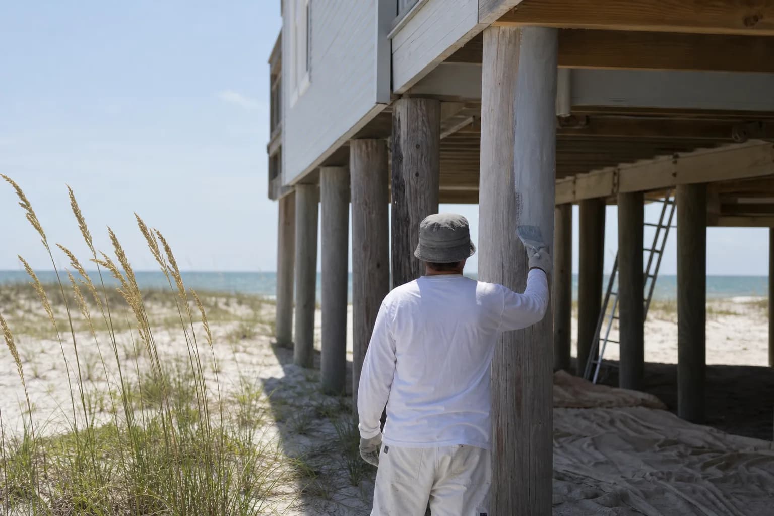 Painter coating the pilings and underside of an elevated West Beach home in Gulf Shores, AL