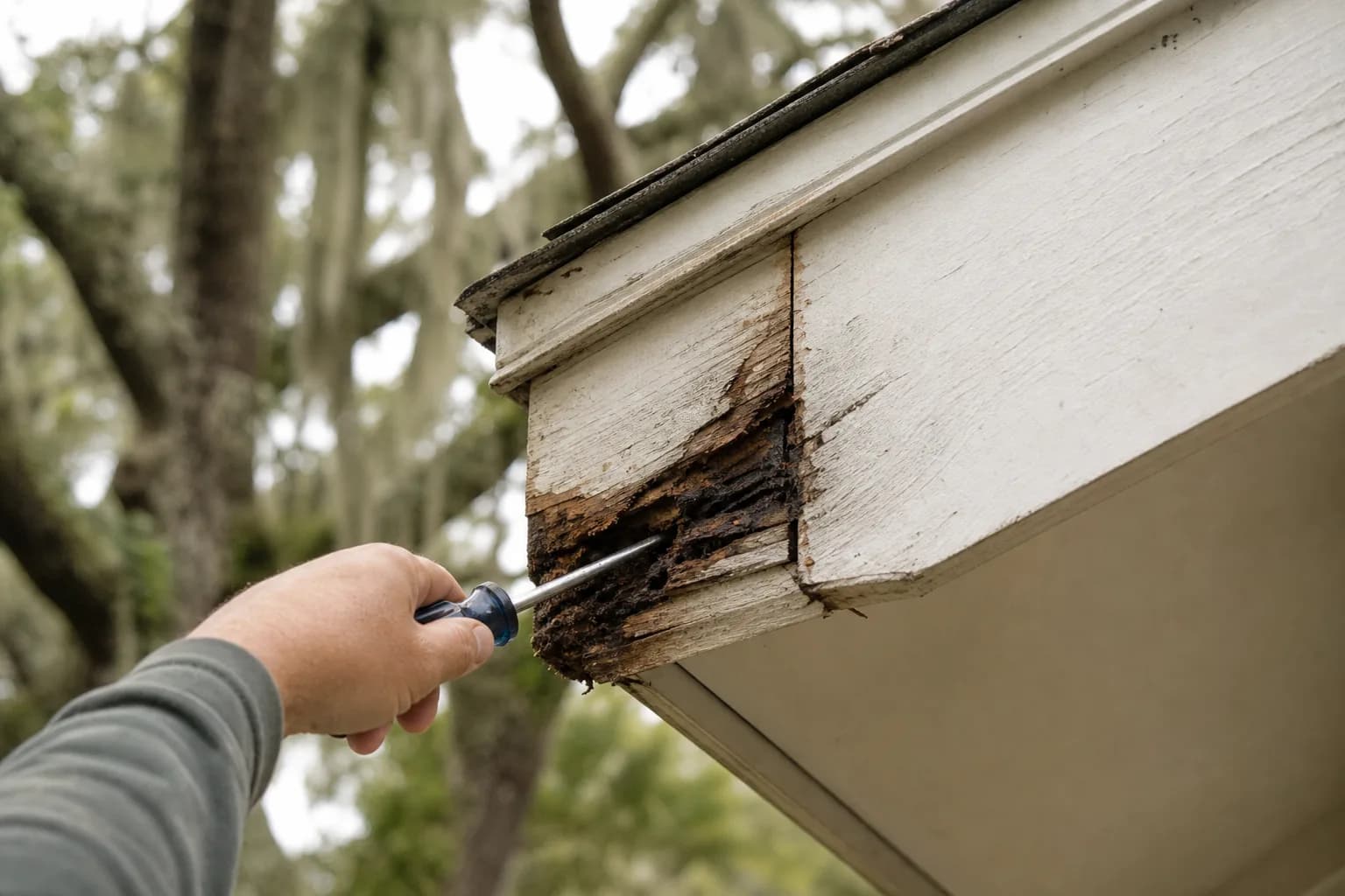 Early wood rot in a softened fascia board on a Gulf Coast home being probed for soft wood
