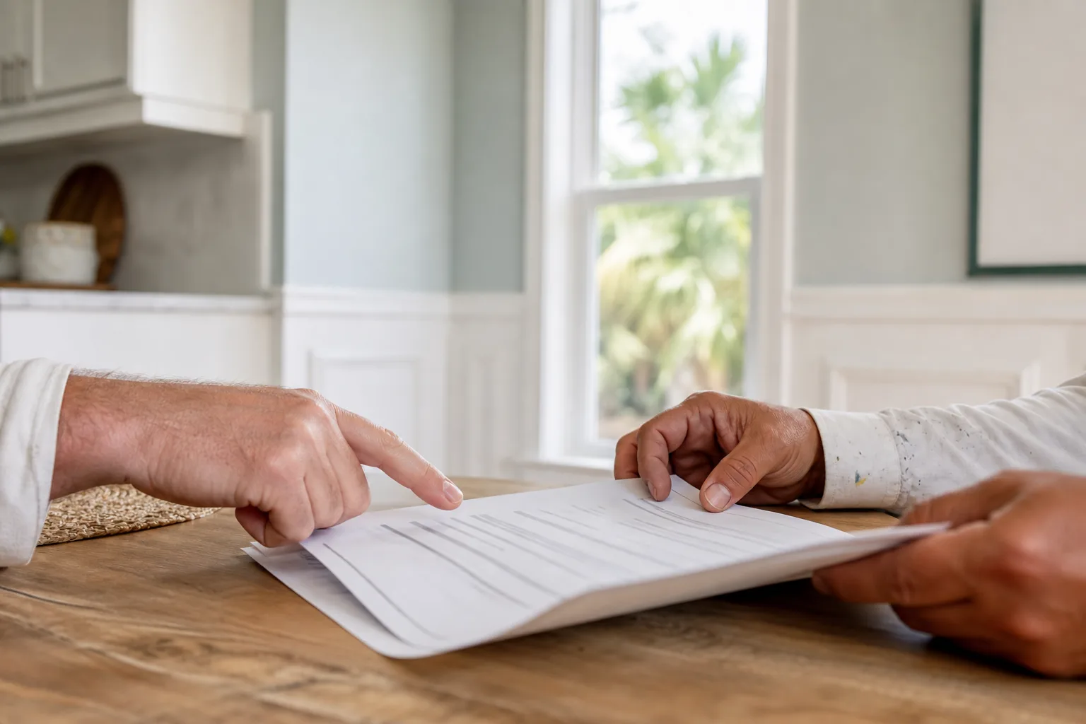 Reviewing a written painting warranty and estimate at a kitchen table before hiring a painter