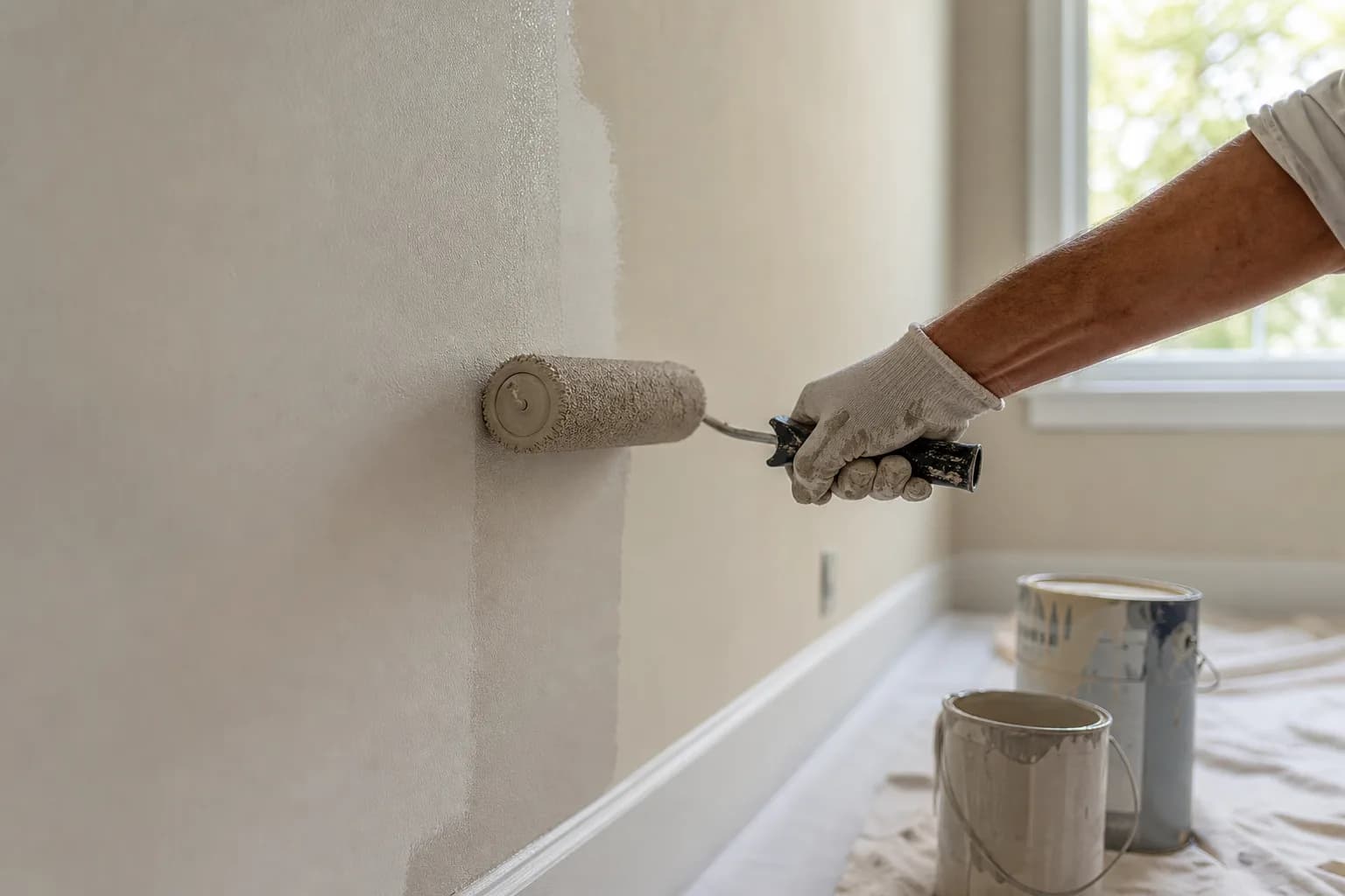 Roller applying paint-and-primer-in-one to an interior wall beside a separate primer can, illustrating when self-priming paint works