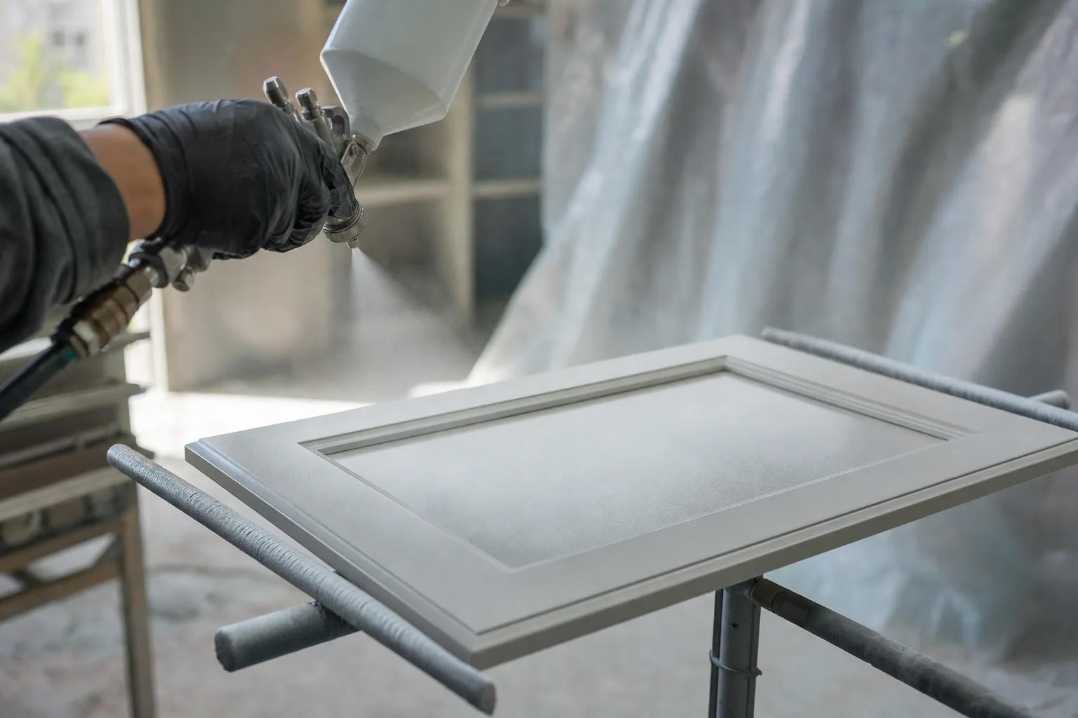 Cabinet door being sprayed to a smooth factory-like finish