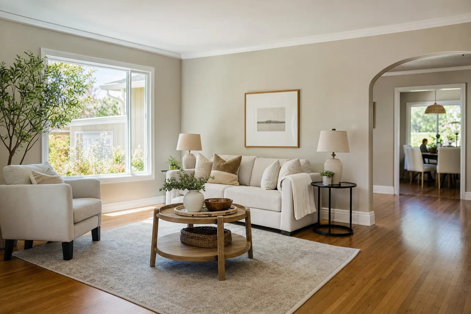Sunlit living room freshly painted in a warm neutral, staged for sale