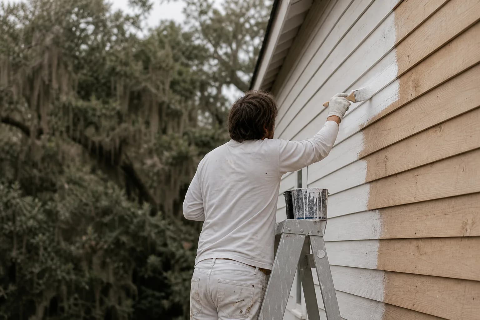 Priming bare wood lap siding with exterior primer before painting on a Gulf Coast home