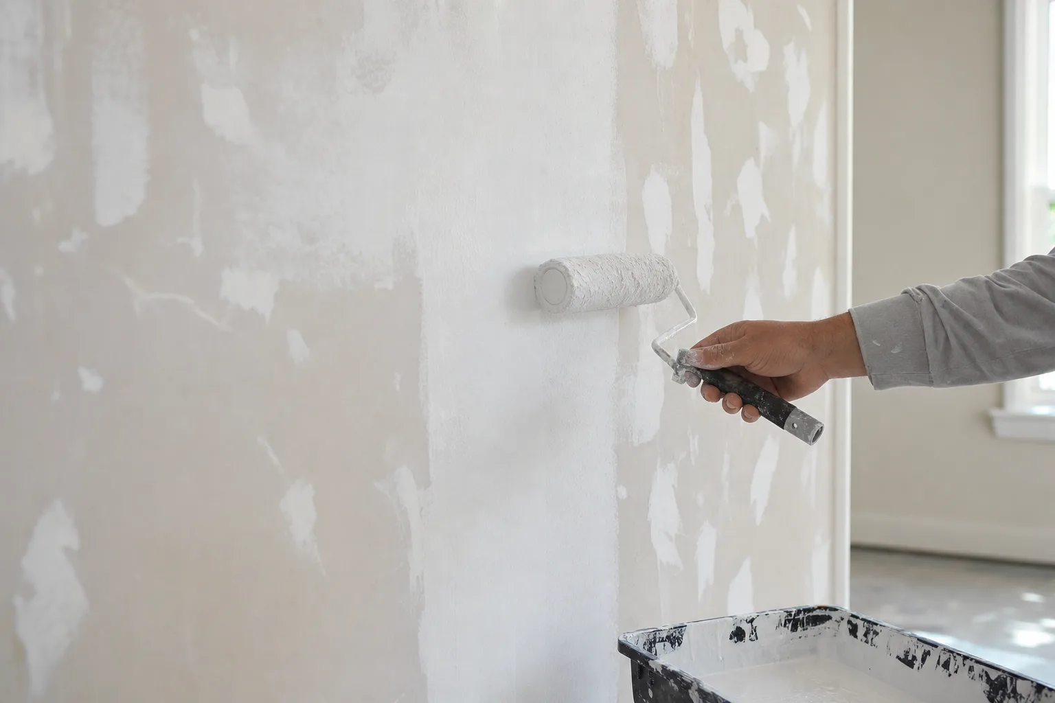Roller applying white primer over a patchy wall, half primed