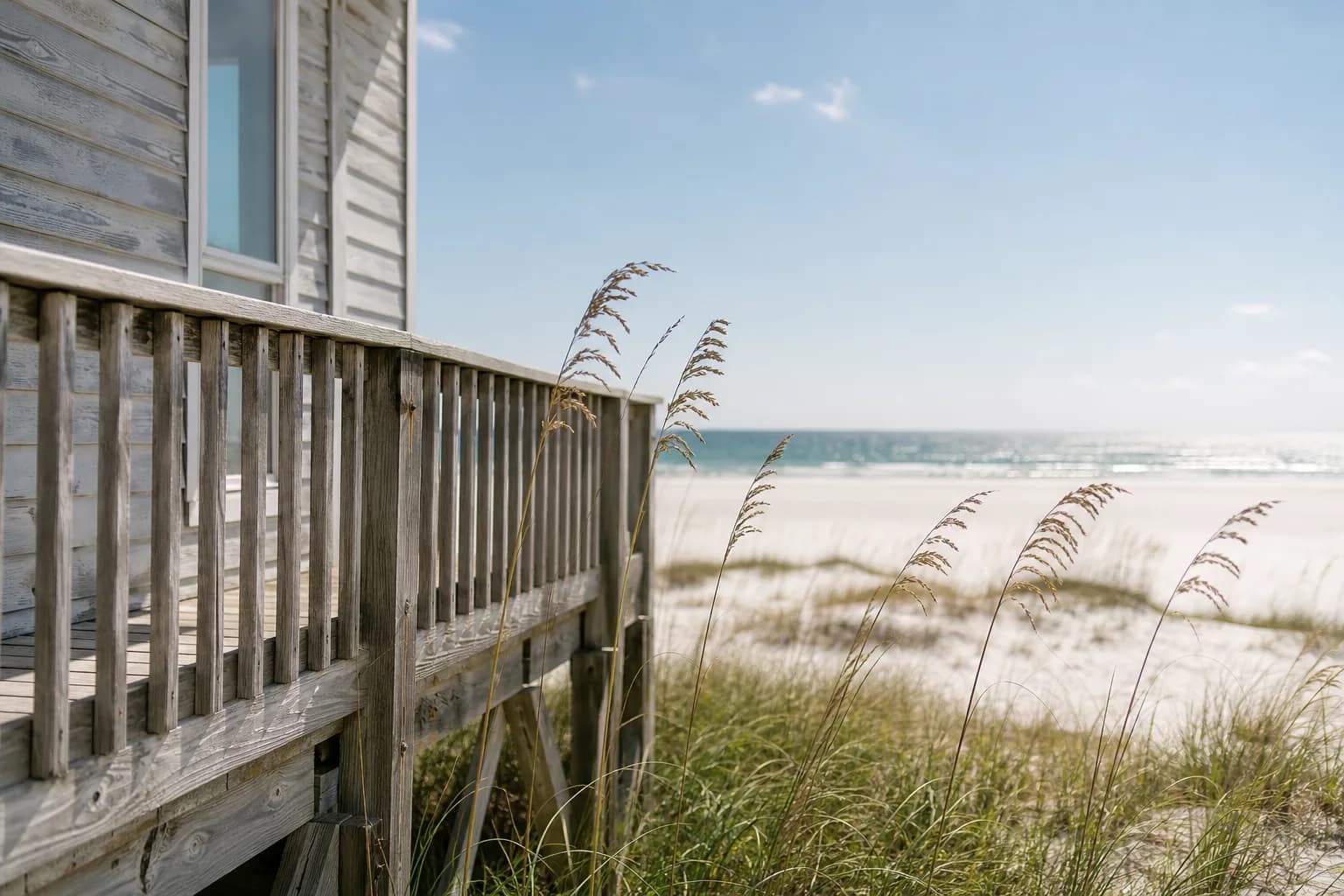 Salt- and wind-worn finish on the Gulf-facing wall of a beachfront home at the Gulf Shores dune line