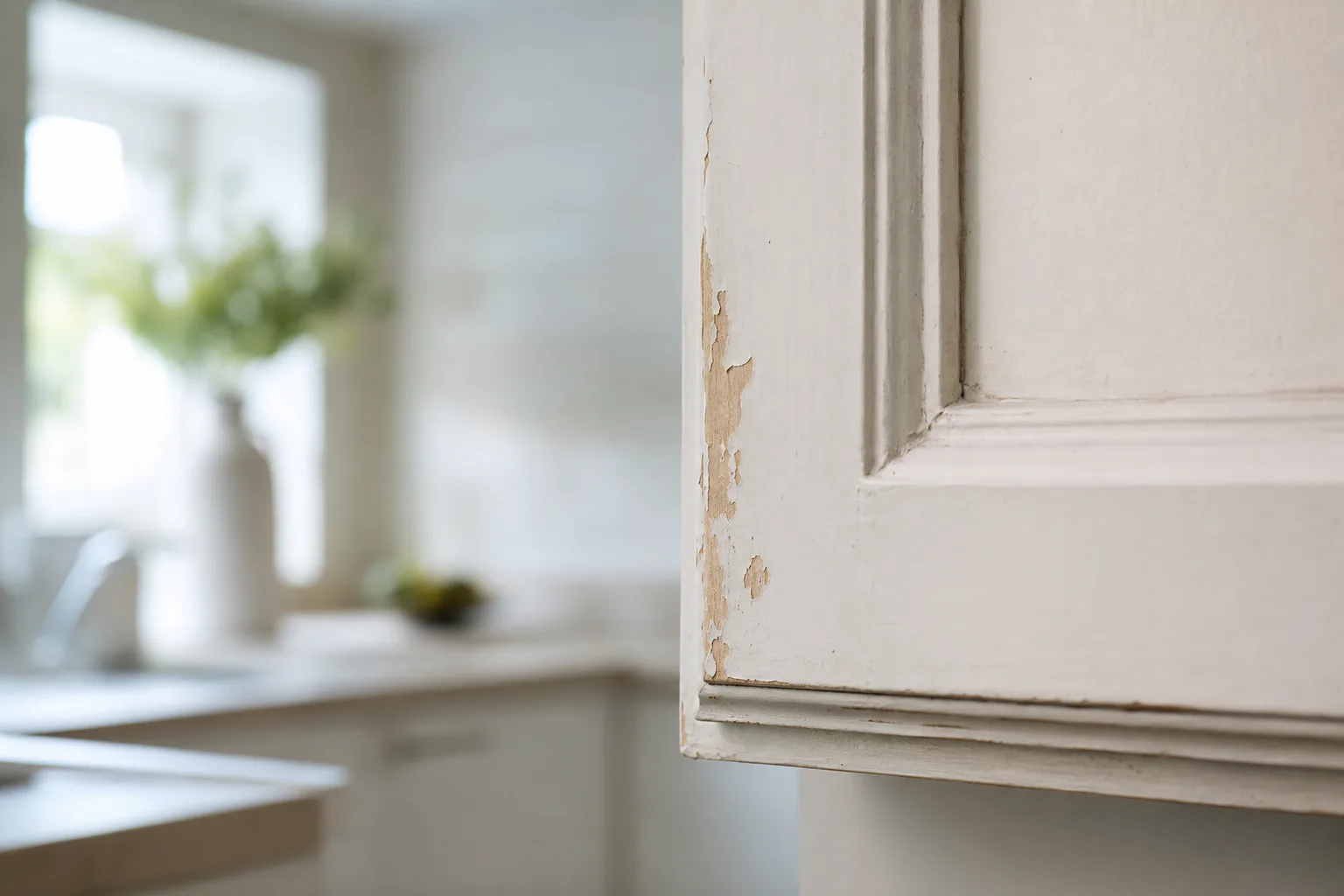 Chipped paint lifting at the edge of a white kitchen cabinet door, showing why cabinet paint chips and peels