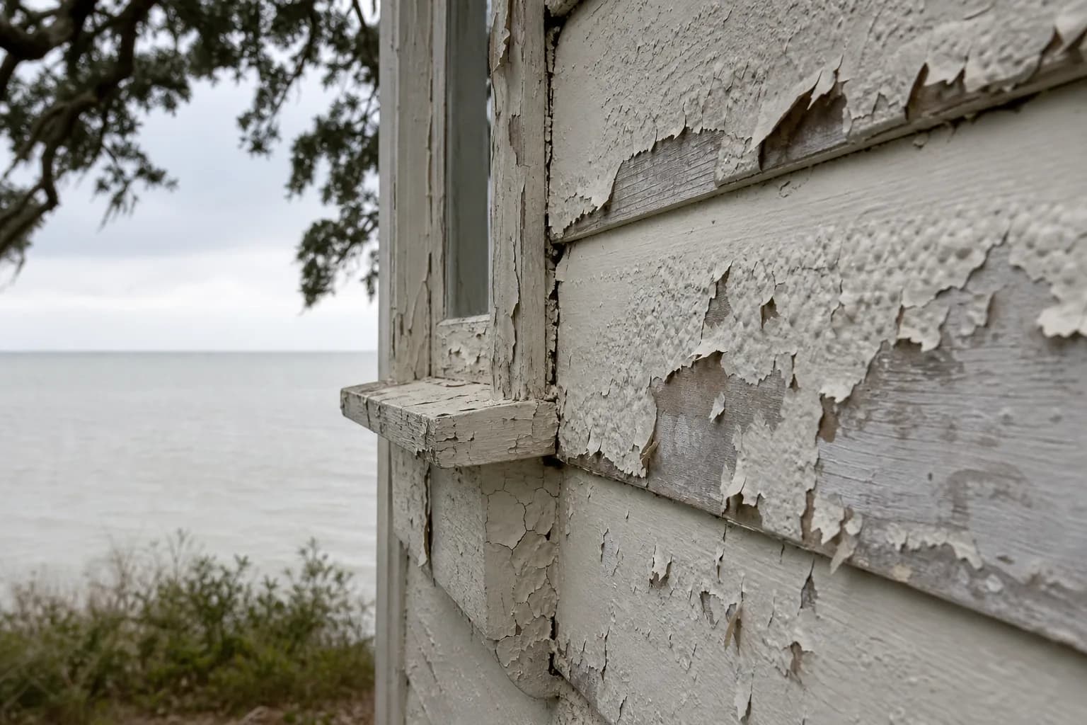 Exterior paint peeling and blistering off the wood siding of a coastal home from trapped humidity
